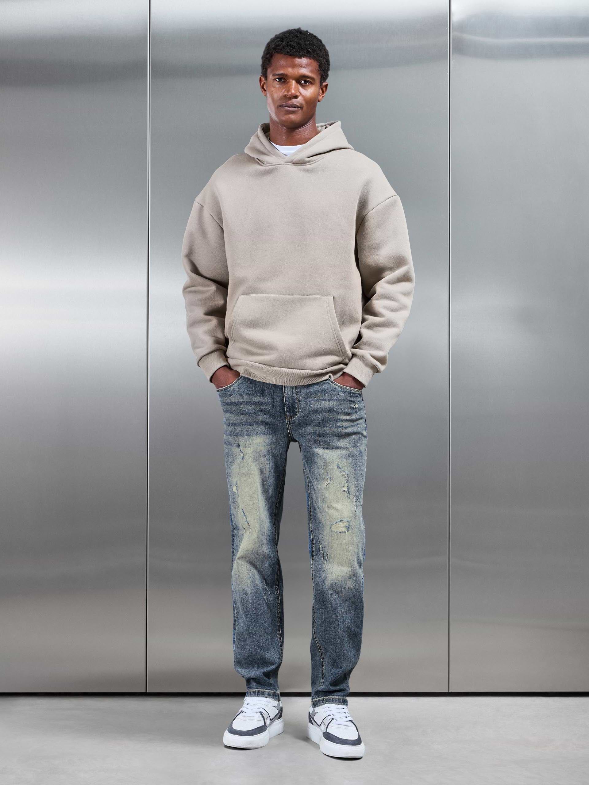 Mens Distressed Straight Leg Denim Jeans in Sand Wash
