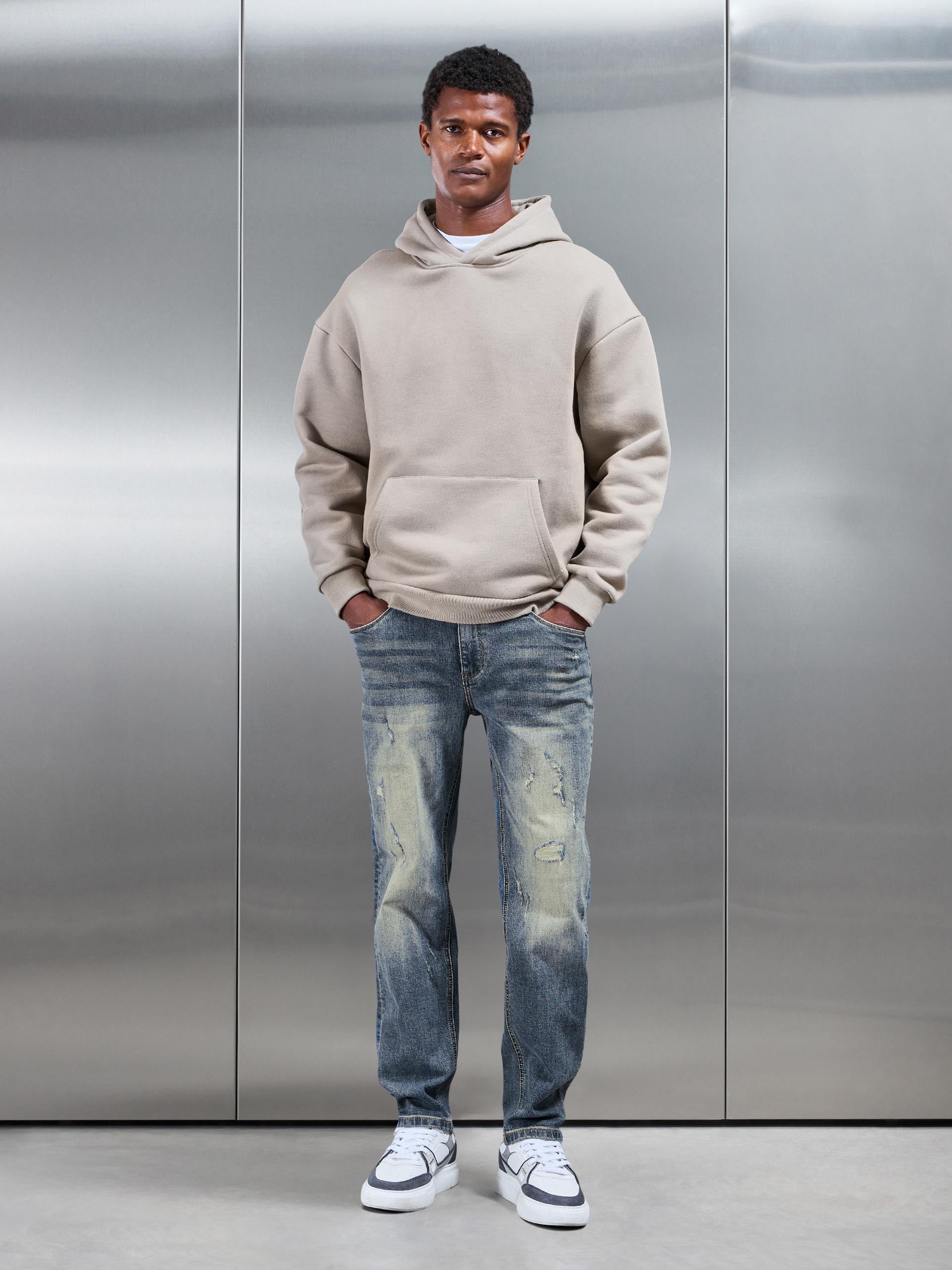 Mens Distressed Straight Leg Denim Jeans in Sand Wash