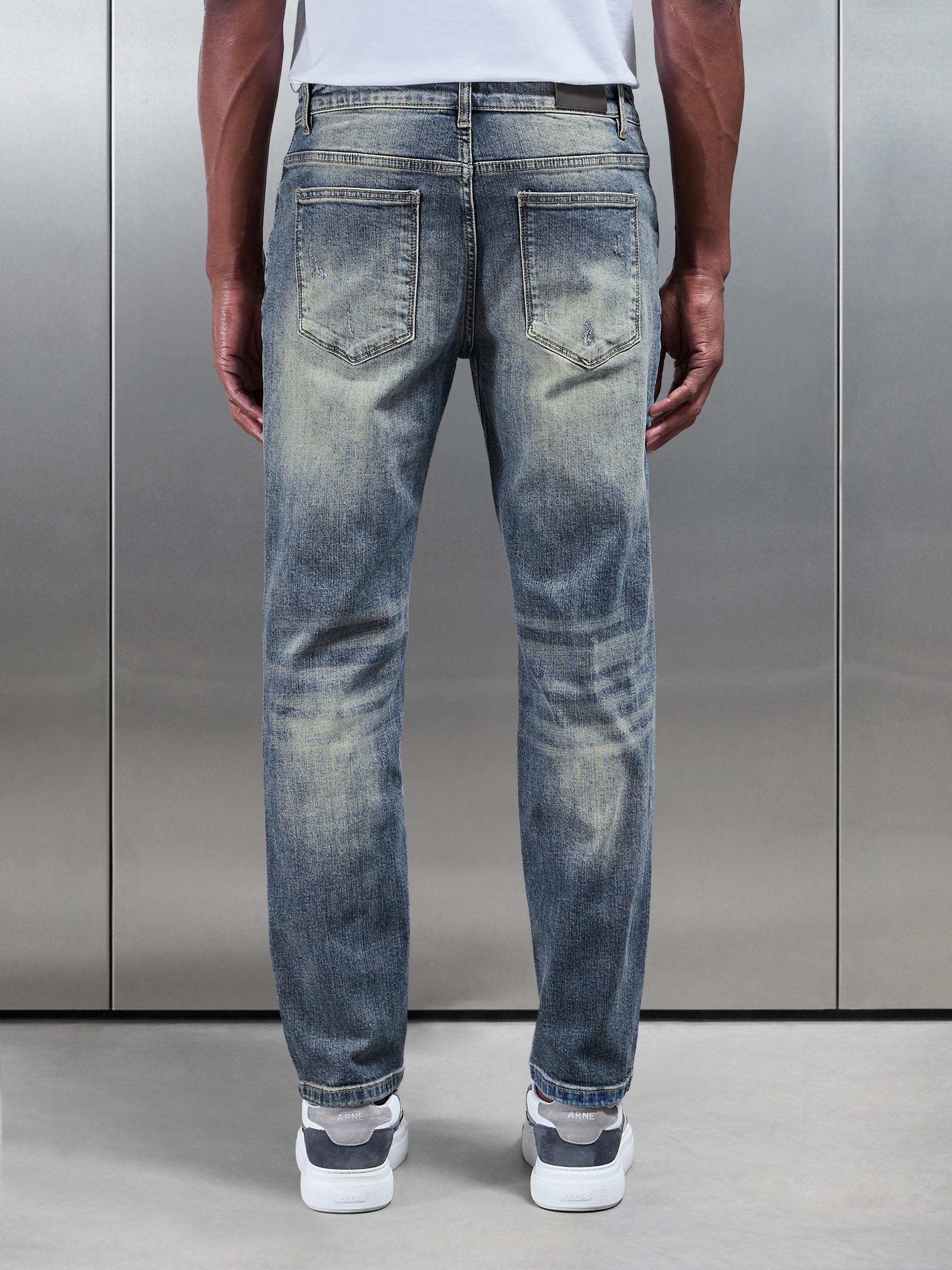 Mens Distressed Straight Leg Denim Jeans in Sand Wash