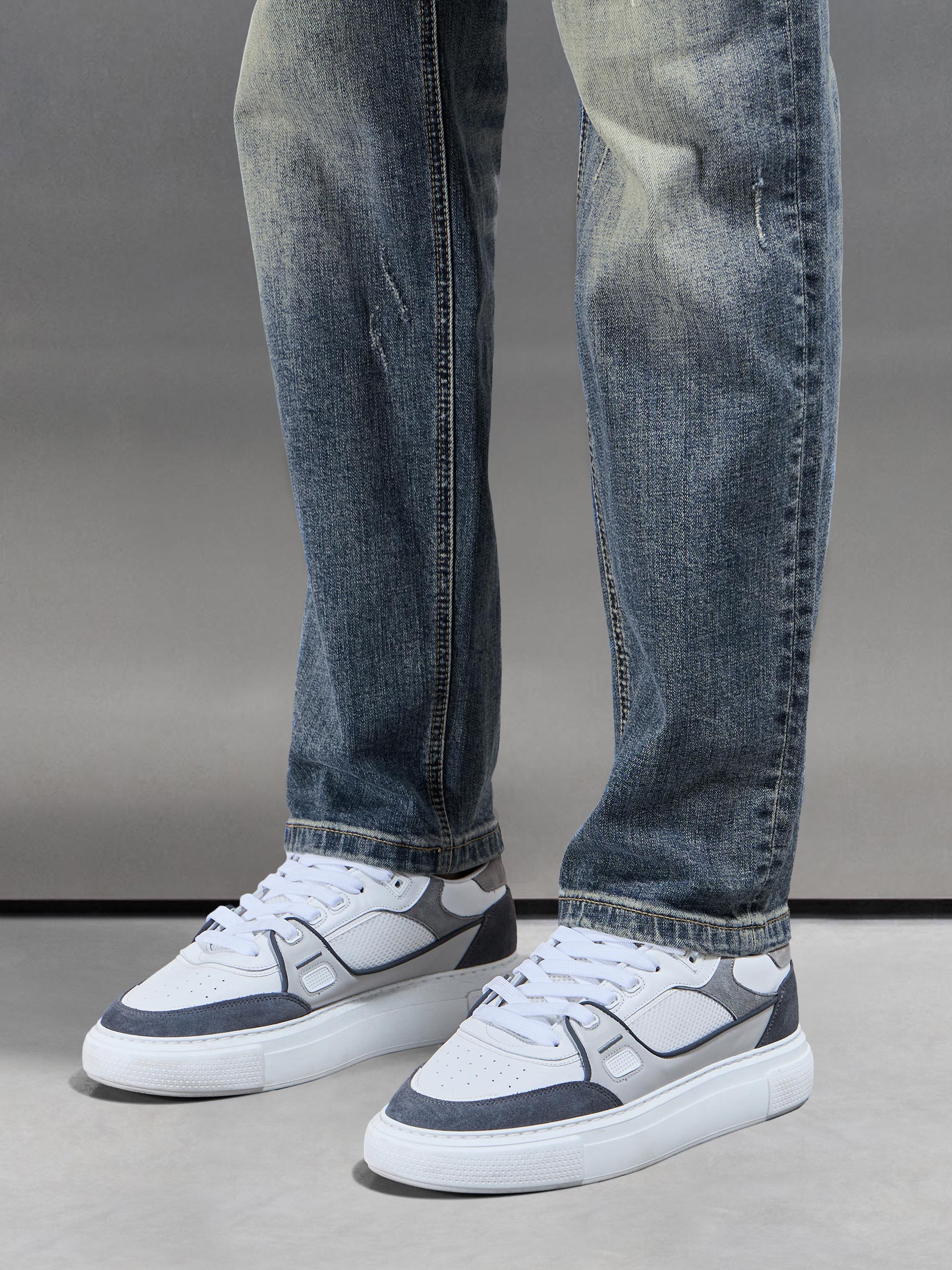 Mens Distressed Straight Leg Denim Jeans in Sand Wash