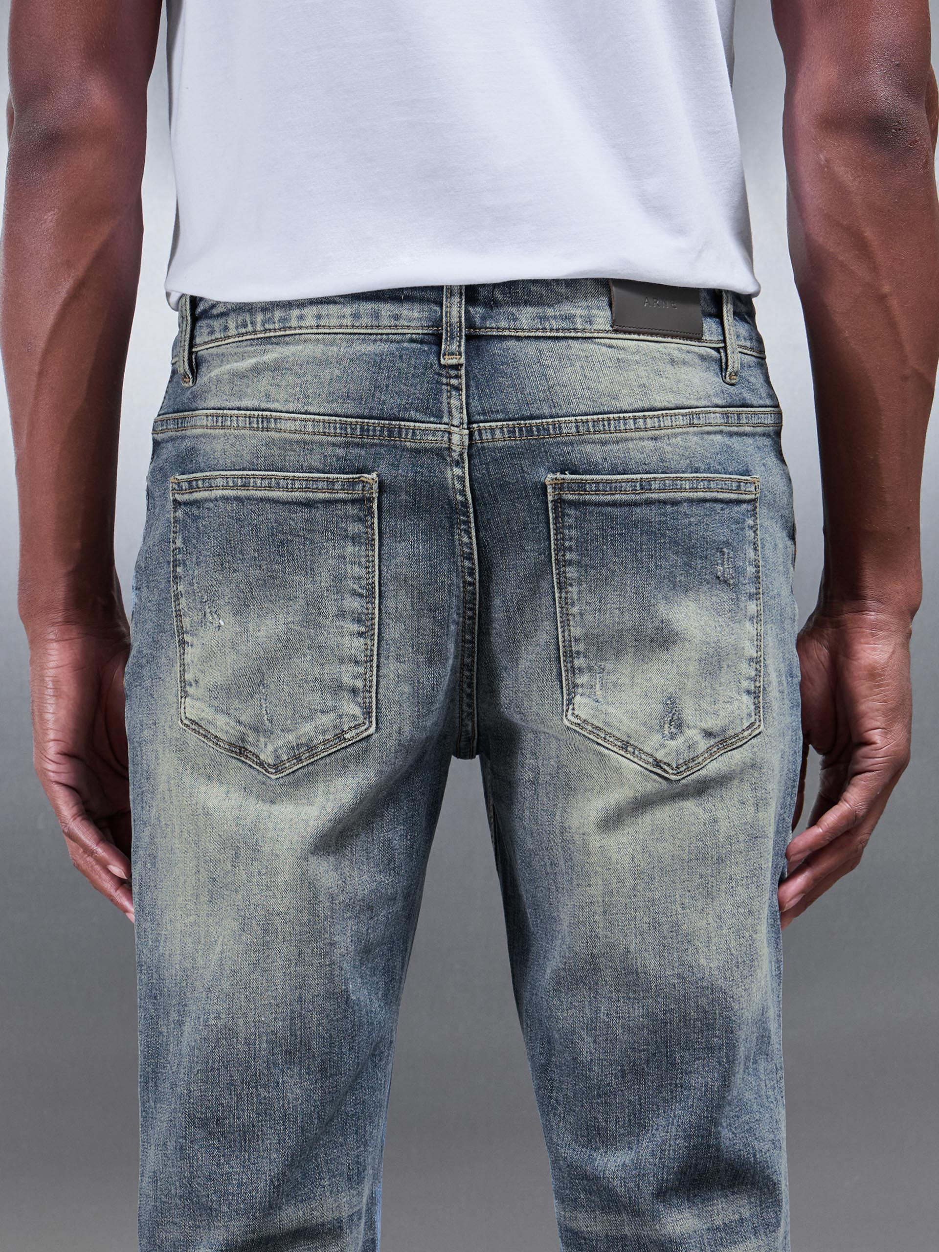 Mens Distressed Straight Leg Denim Jeans in Sand Wash