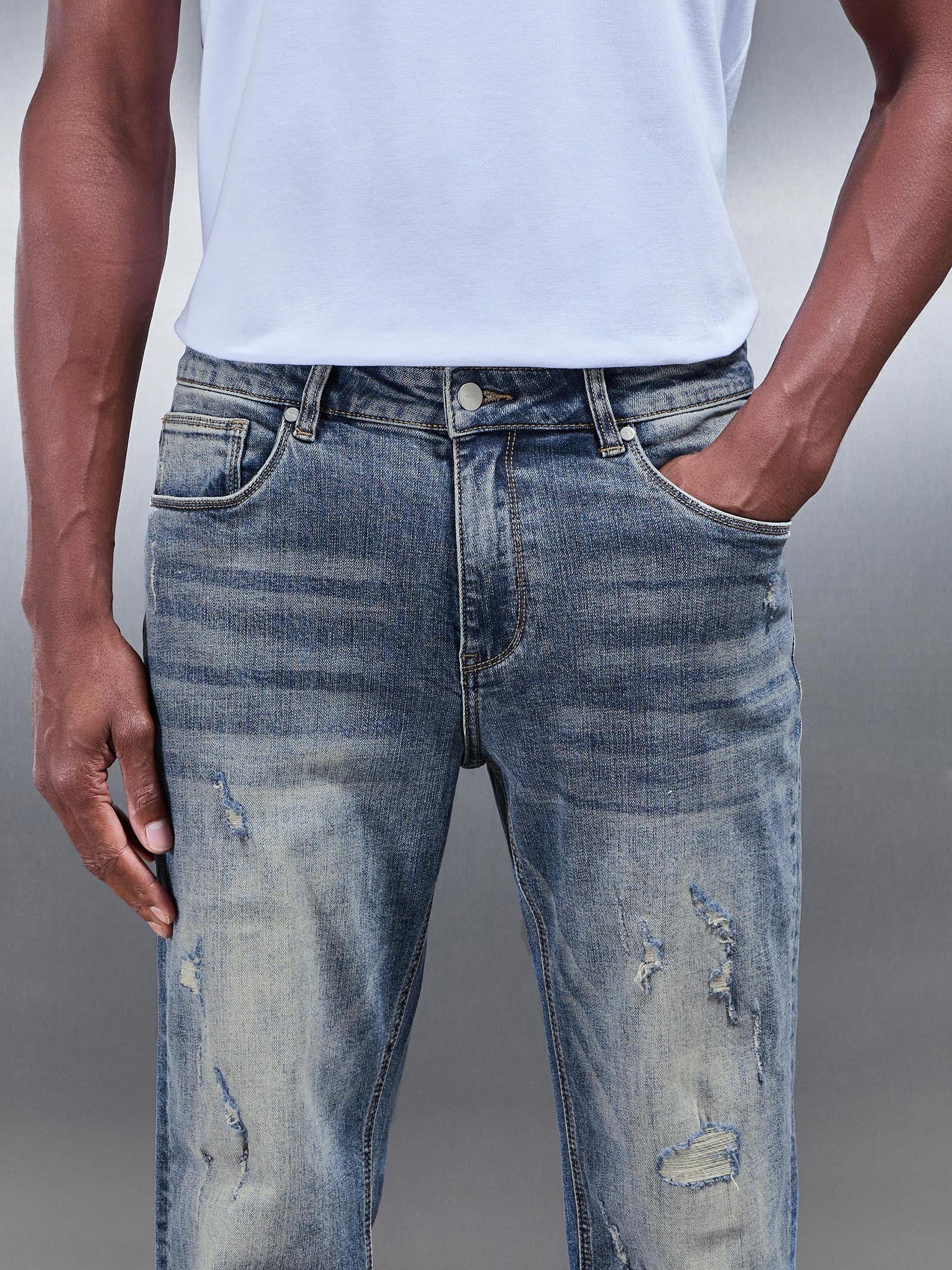 Mens Distressed Straight Leg Denim Jeans in Sand Wash