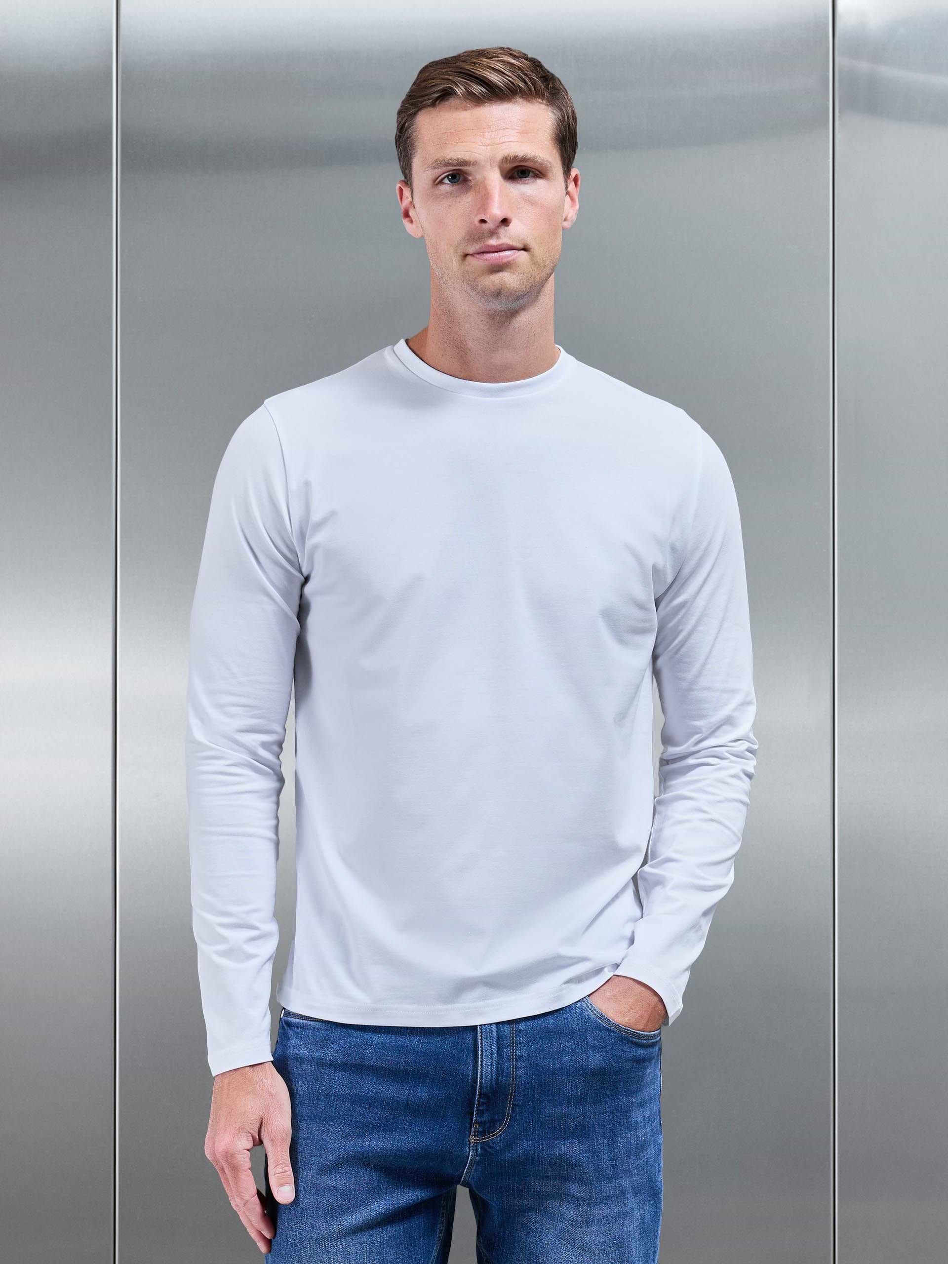 Essential Cotton Stretch Long Sleeve Slim T-Shirt in White