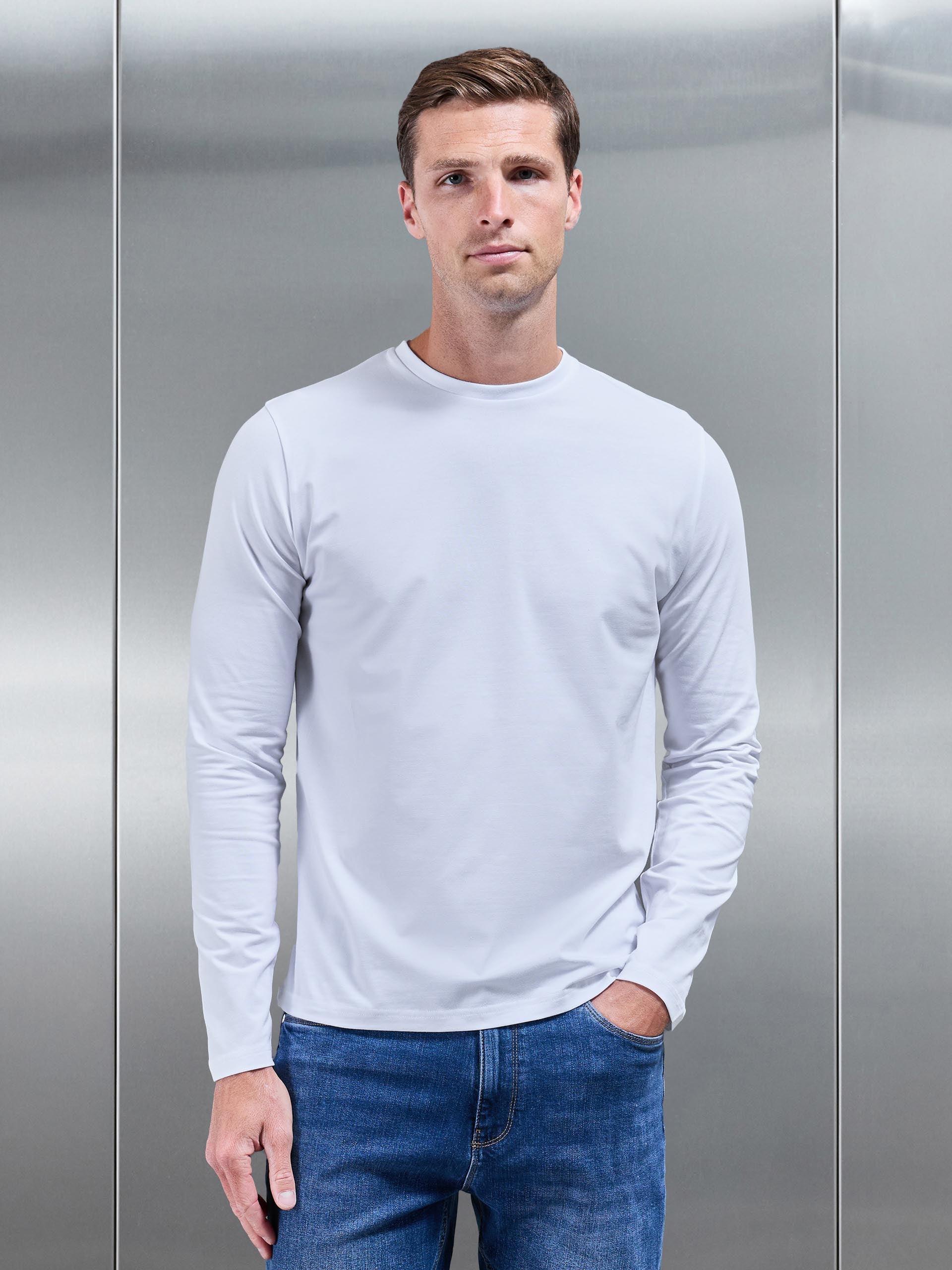 Mens Essential Cotton Stretch Long Sleeve Slim T-Shirt in White