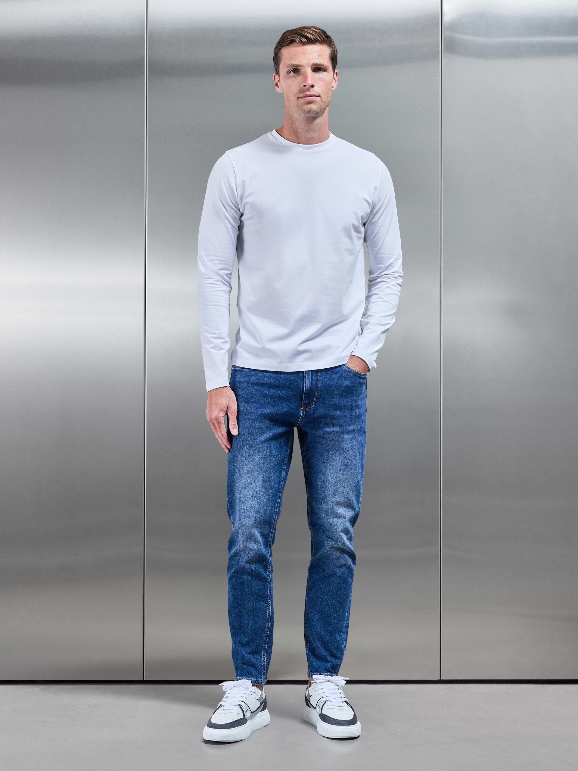 Mens Essential Cotton Stretch Long Sleeve Slim T-Shirt in White