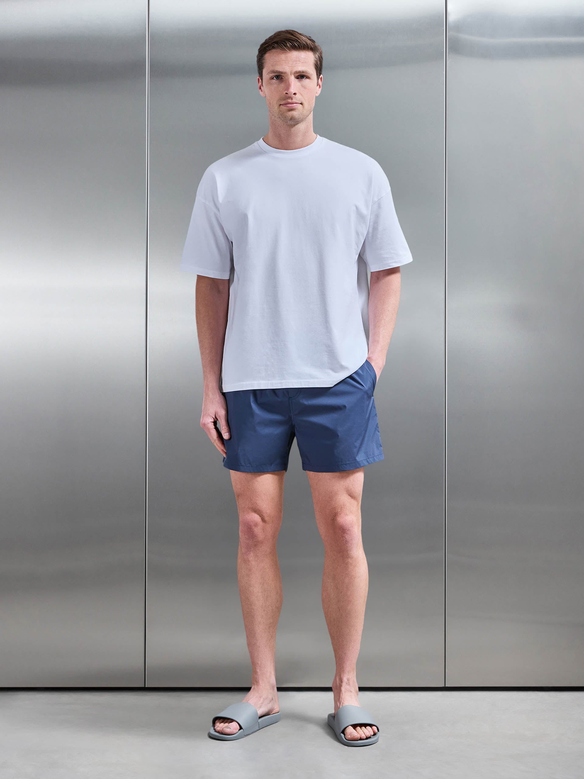 Mens Essential Drawstring Shell Swim Short in Steel Blue