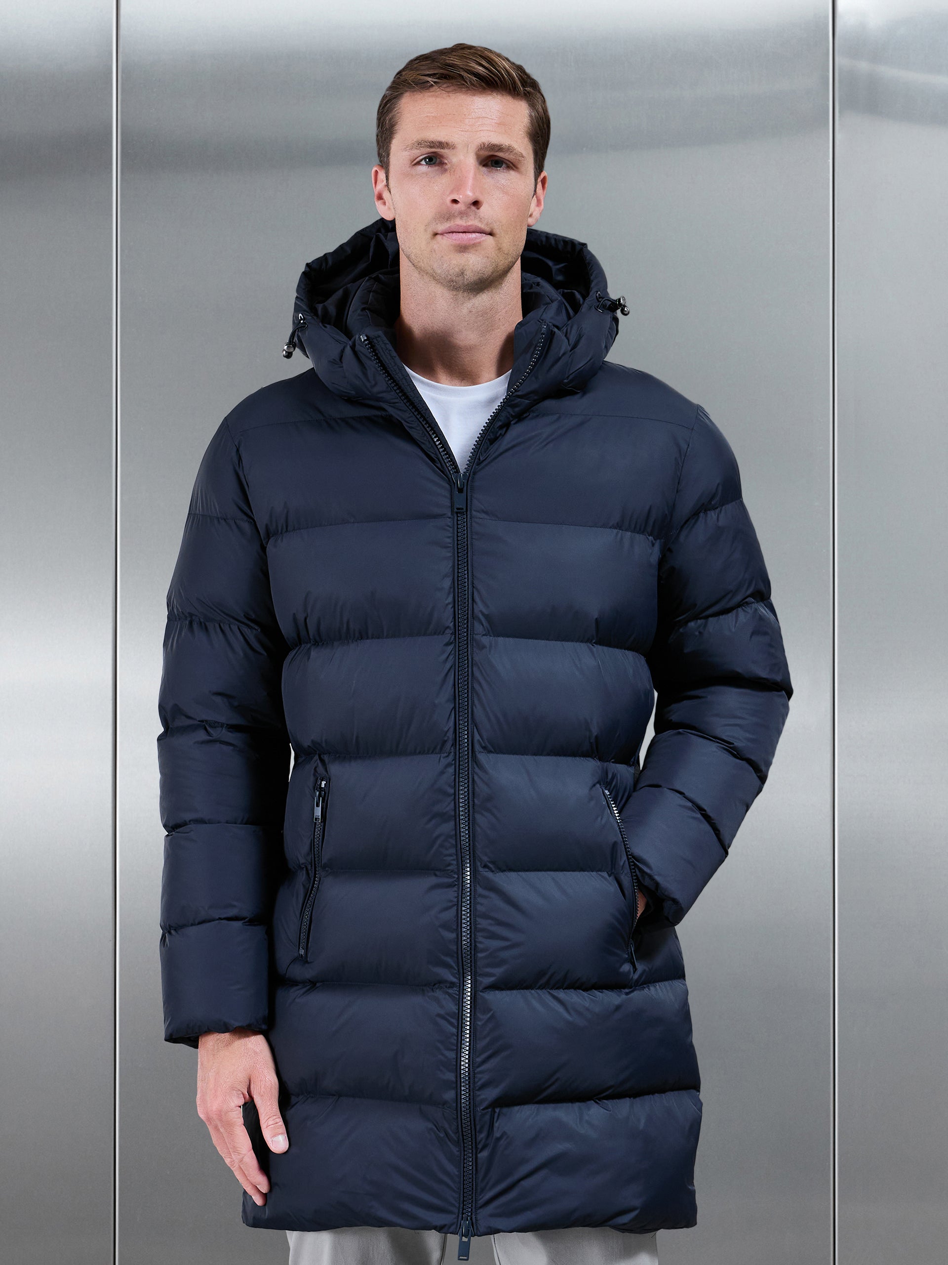 Mens Essential Mid Length Puffer Jacket in Navy