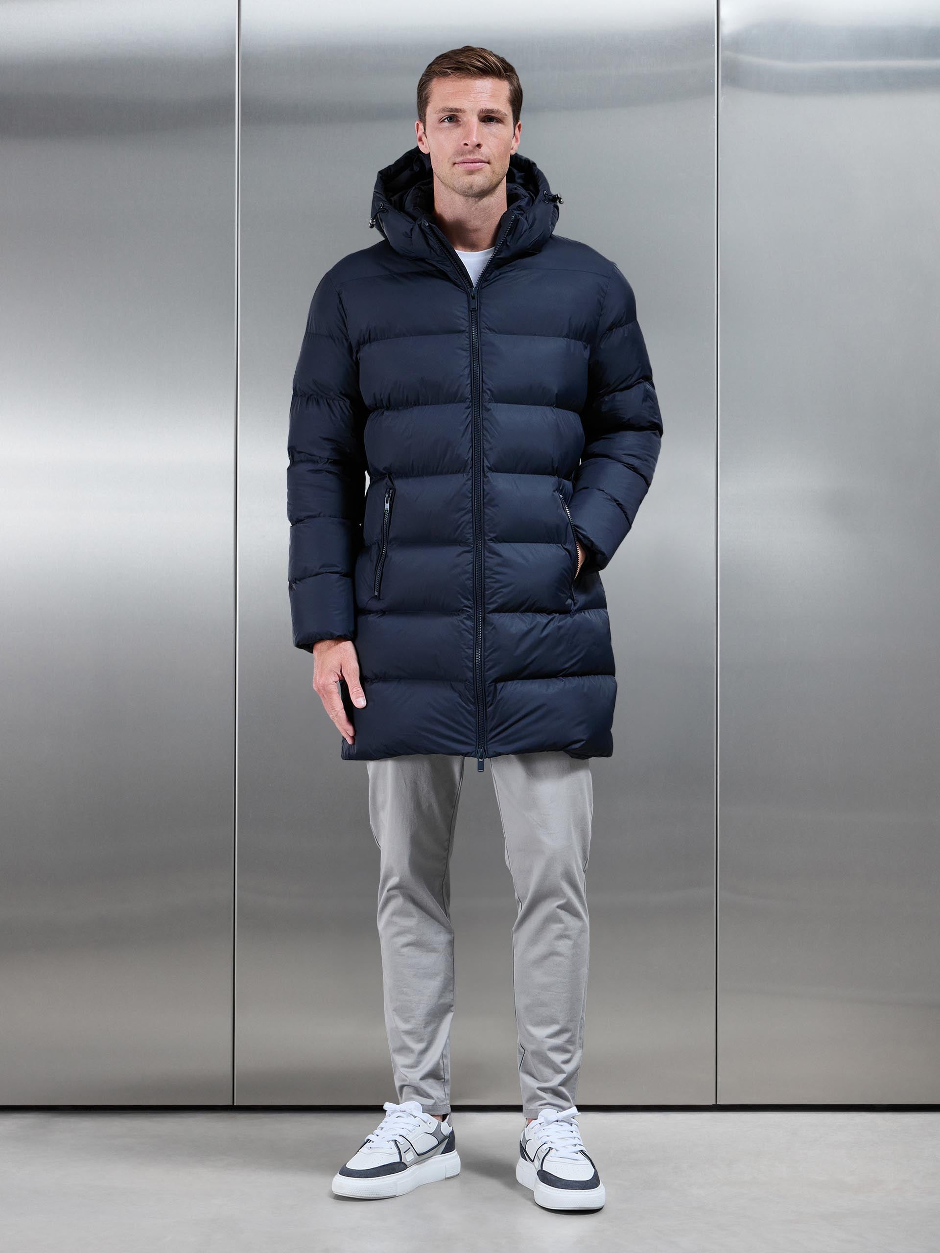 Mens Essential Mid Length Puffer Jacket in Navy