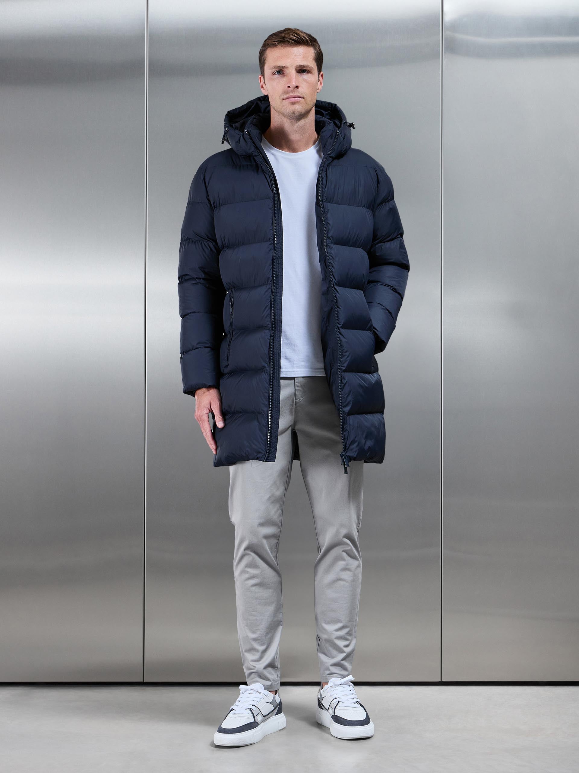 Mens Essential Mid Length Puffer Jacket in Navy
