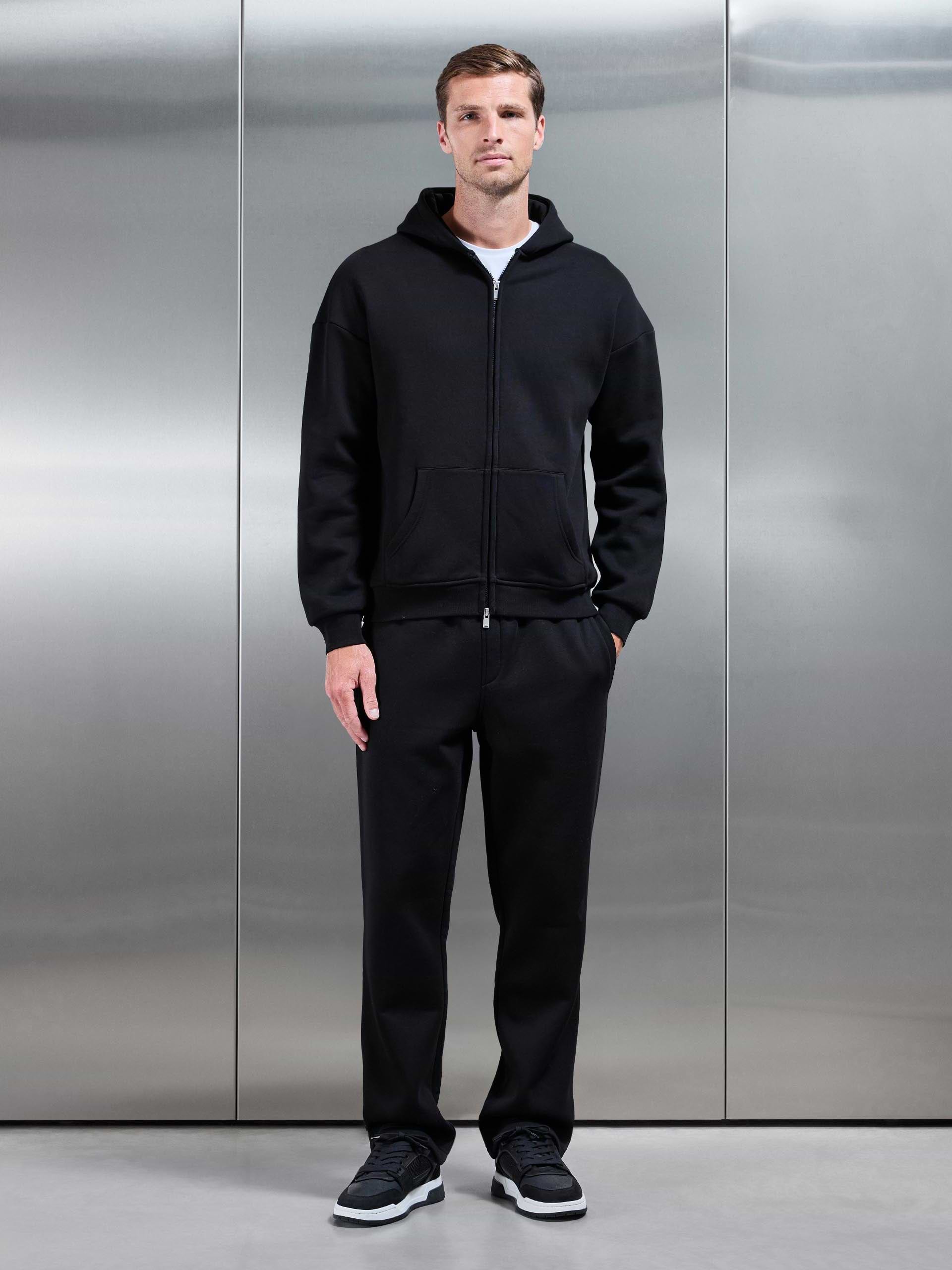 Mens Essential Relaxed Fit Zip Through Hoodie in Black