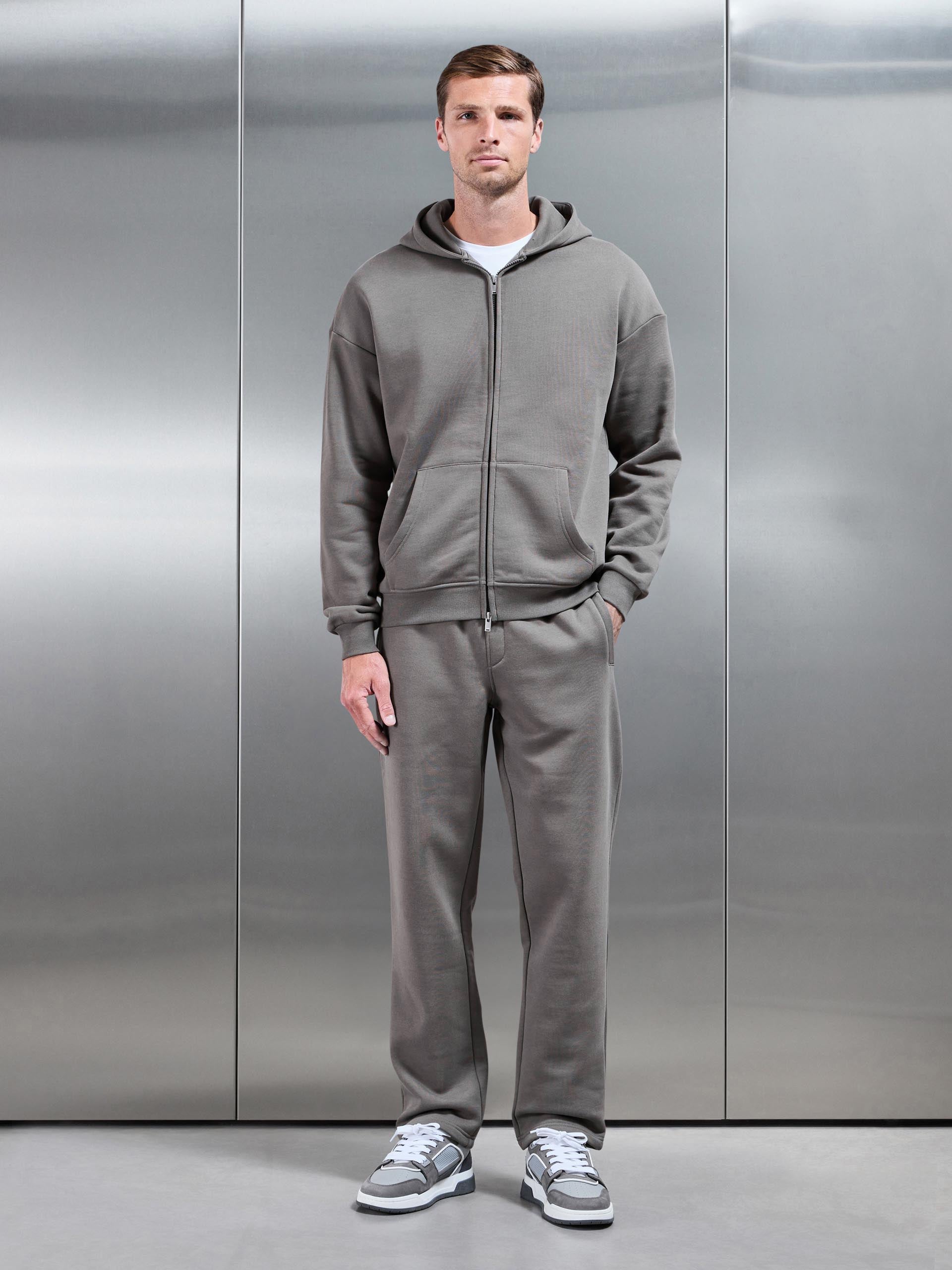 Mens Essential Relaxed Fit Zip Through Hoodie in Grey