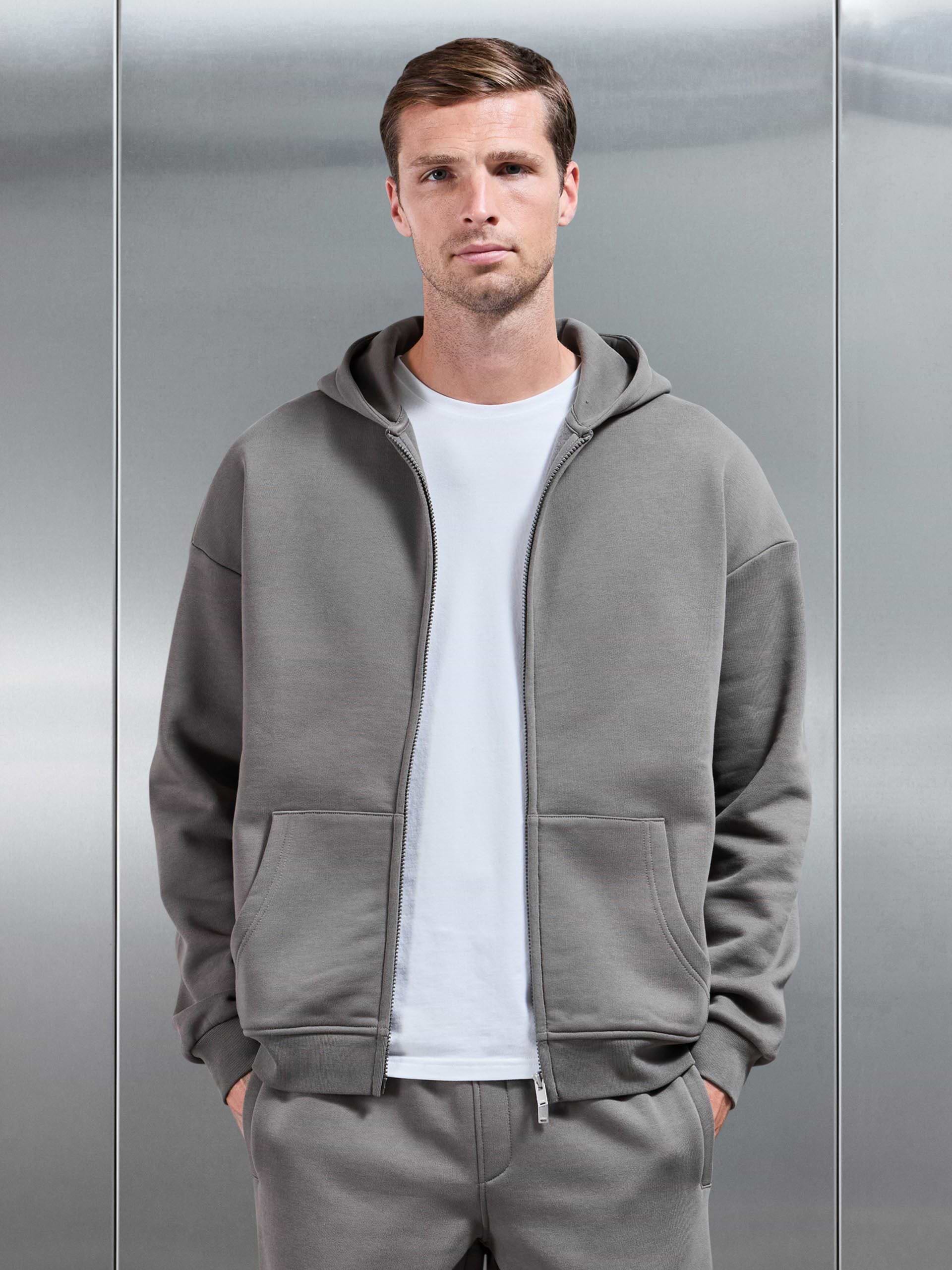 Essential Relaxed Fit Zip Through Hoodie in Grey