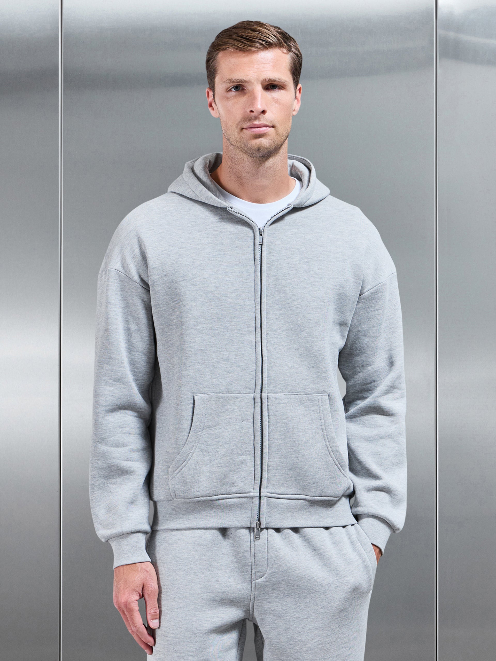 Mens Essential Relaxed Fit Zip Through Hoodie in Marl Grey