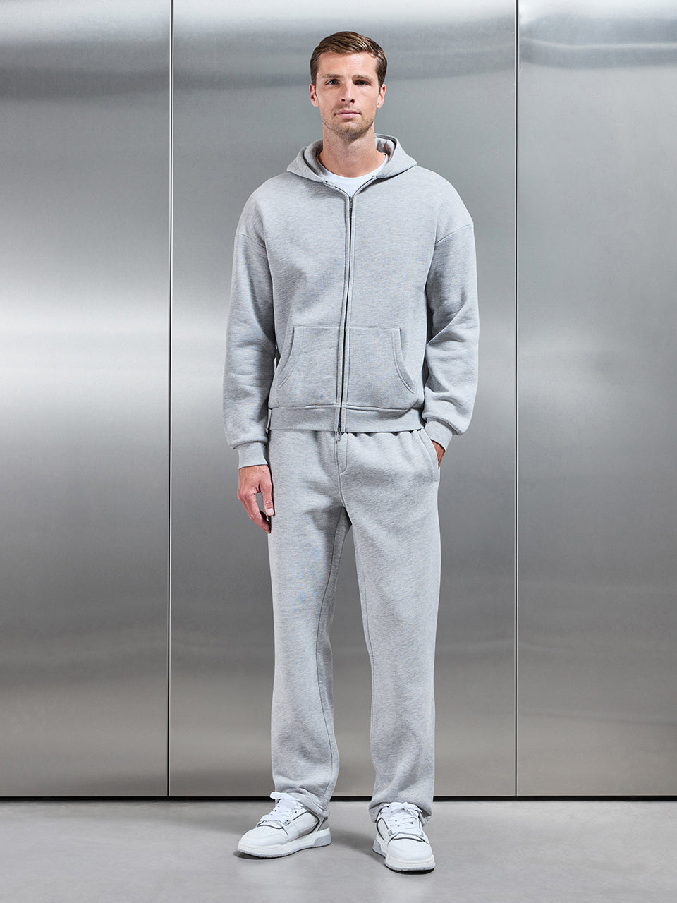 Mens Essential Relaxed Fit Zip Through Hoodie in Marl Grey