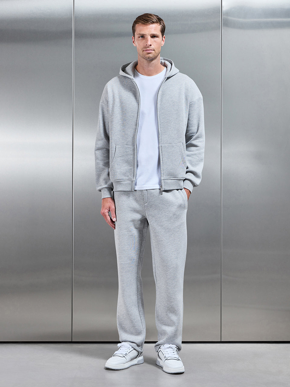Mens Essential Relaxed Fit Zip Through Hoodie in Marl Grey