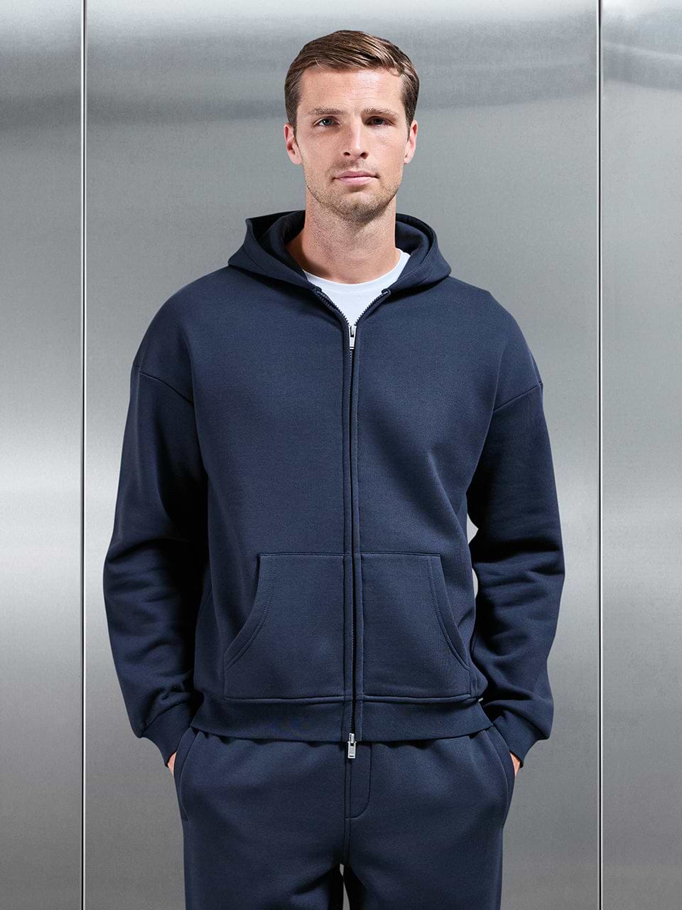 Essential Relaxed Fit Zip Through Hoodie in Navy