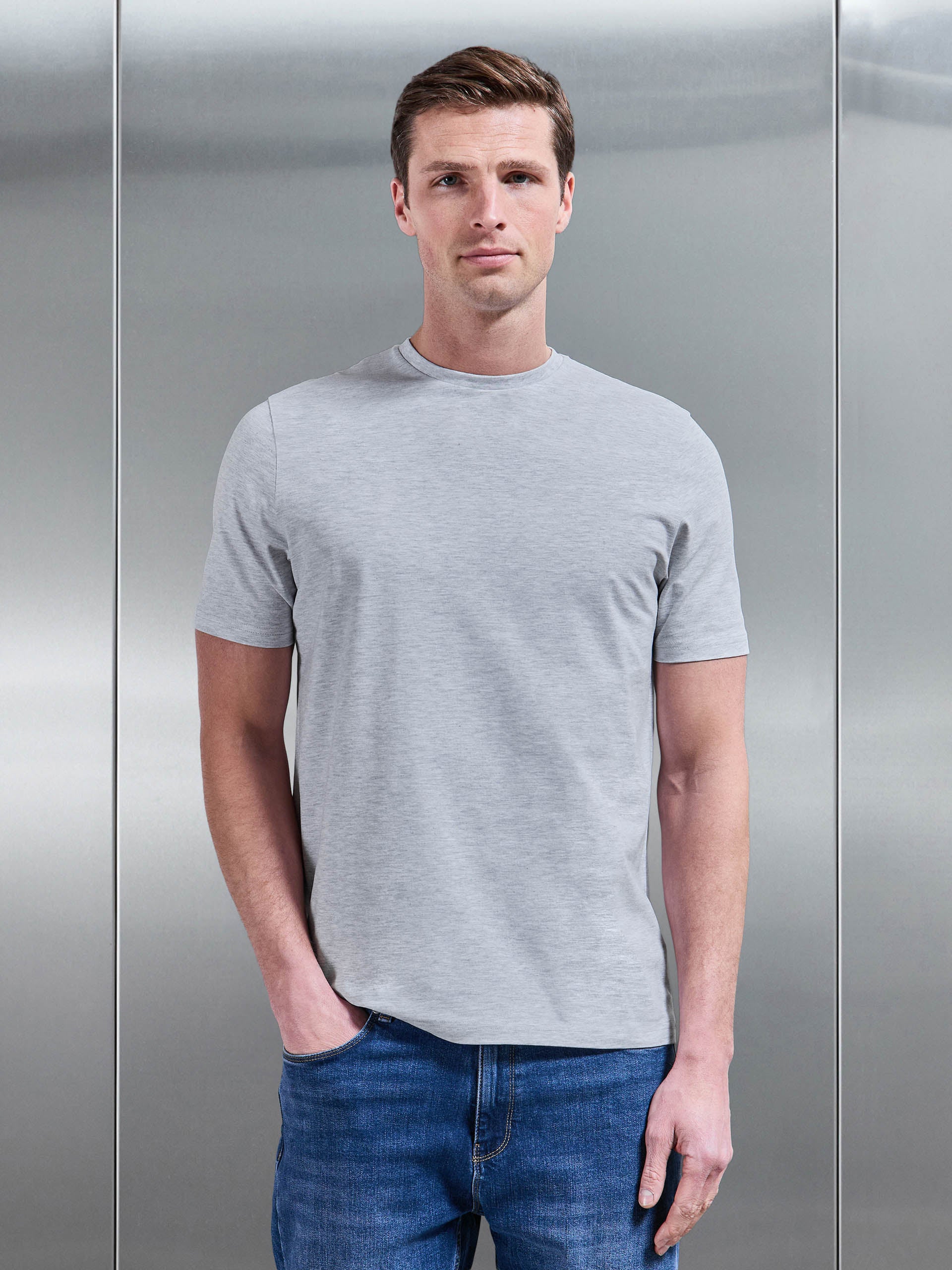 Mens Essential Slim Fit Cotton Stretch T-Shirt in Marl Grey