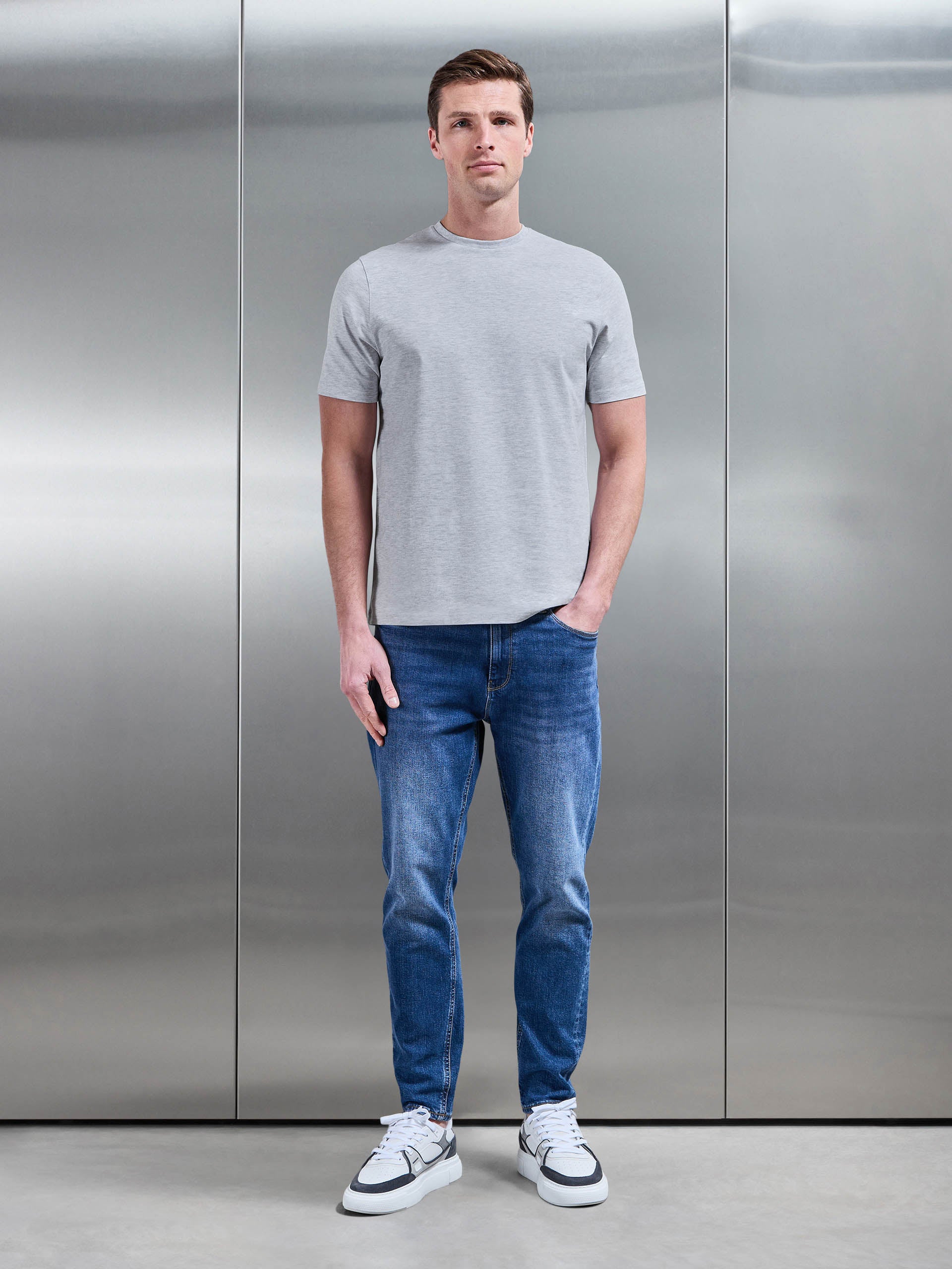Mens Essential Slim Fit Cotton Stretch T-Shirt in Marl Grey