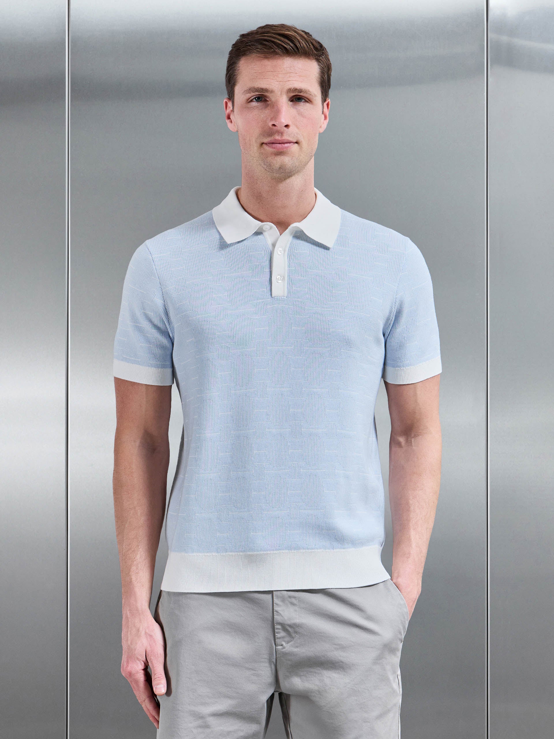 Mens Este Knitted Button Polo Shirt in Light Blue
