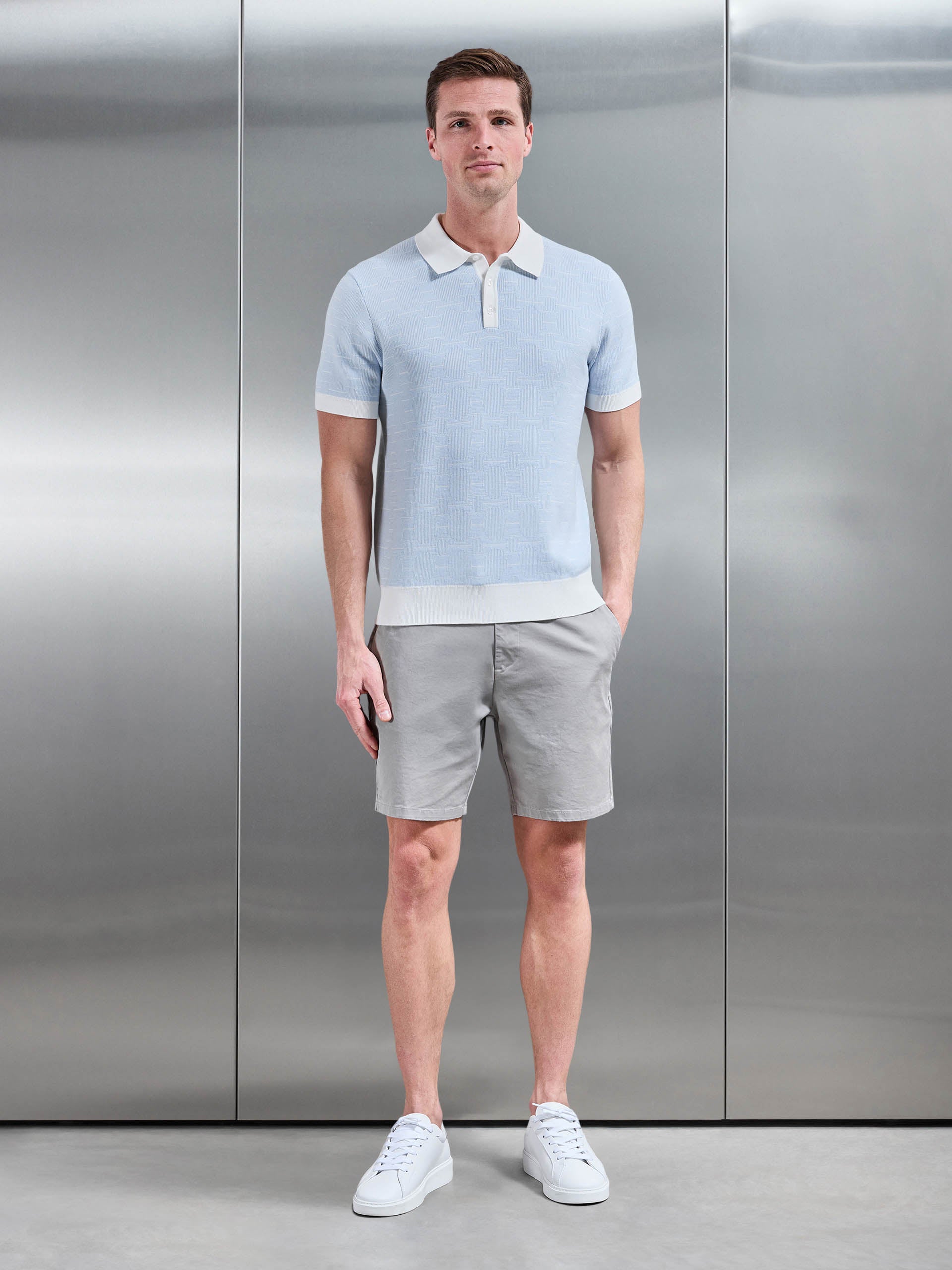 Mens Este Knitted Button Polo Shirt in Light Blue