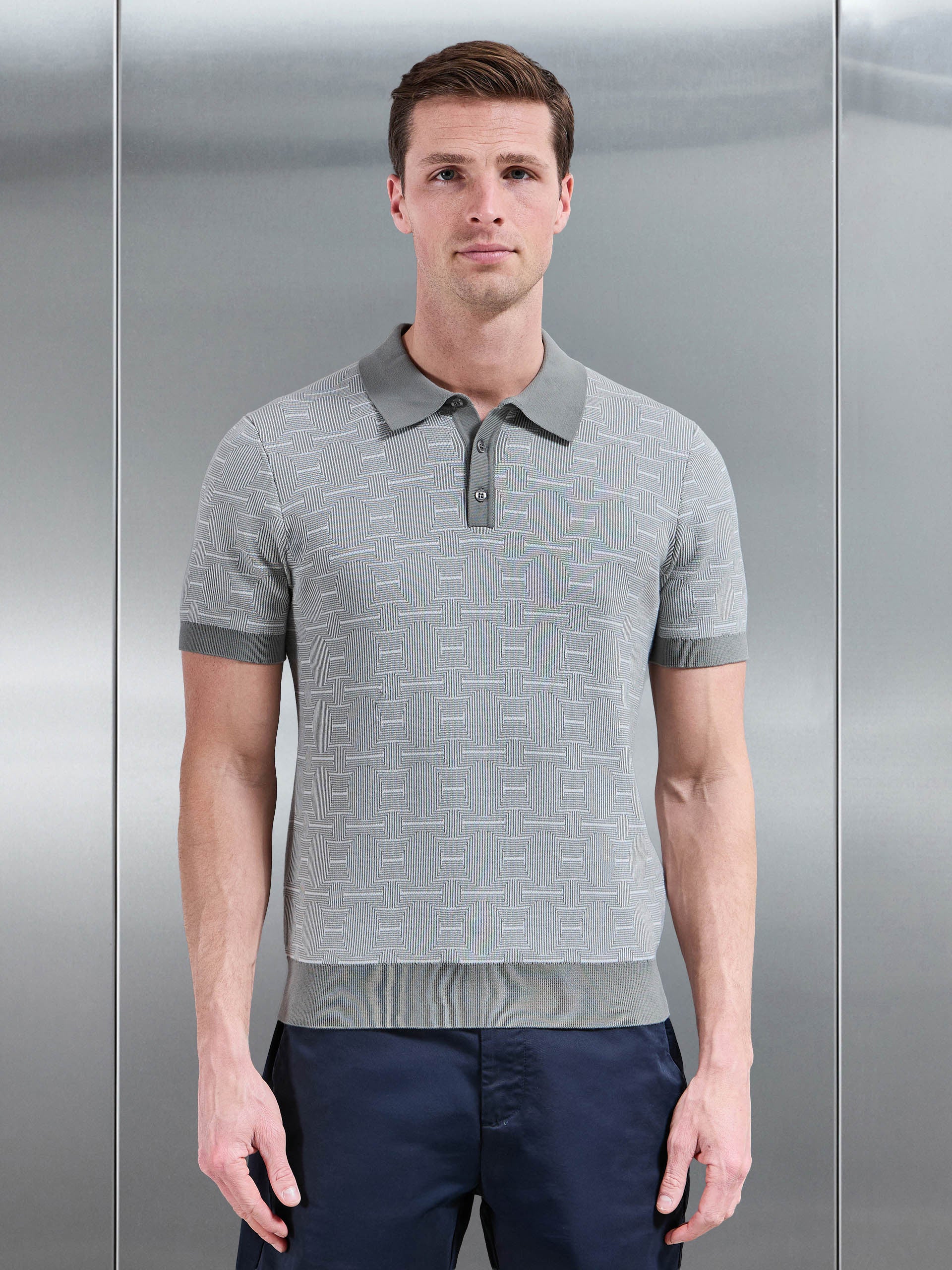 Mens Este Knitted Button Polo Shirt in Sage