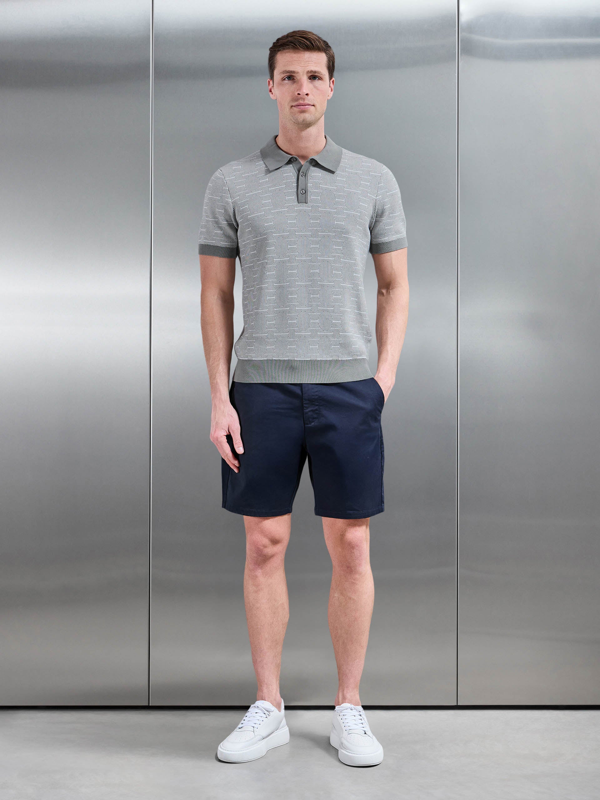 Mens Este Knitted Button Polo Shirt in Sage