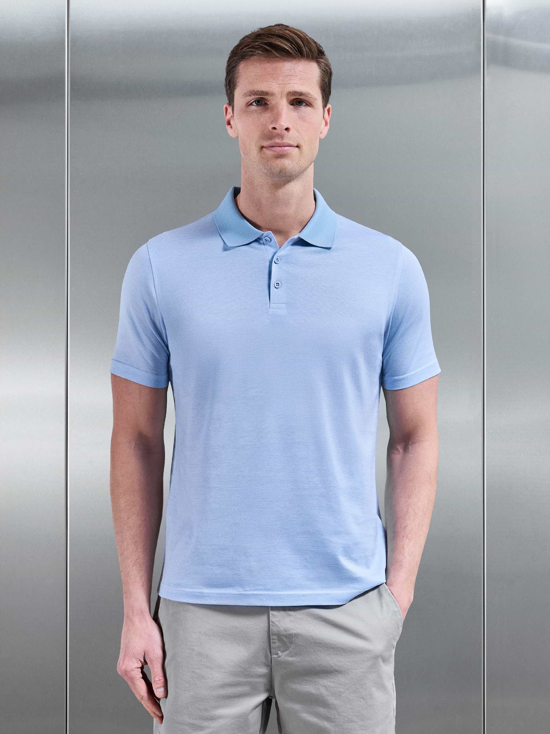 Fine Stripe Mercerised Polo Shirt in Light Blue