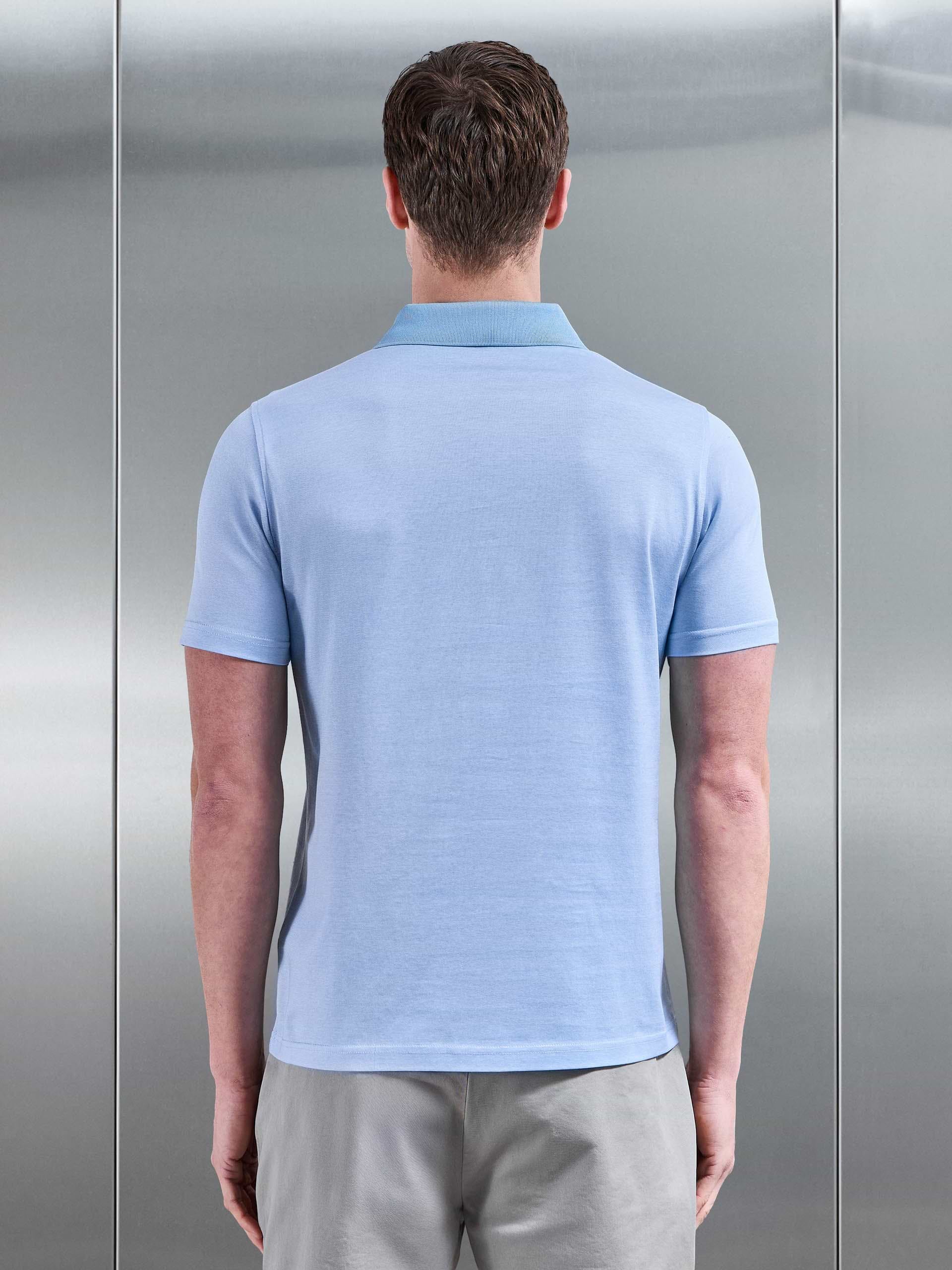 Fine Stripe Mercerised Polo Shirt in Light Blue