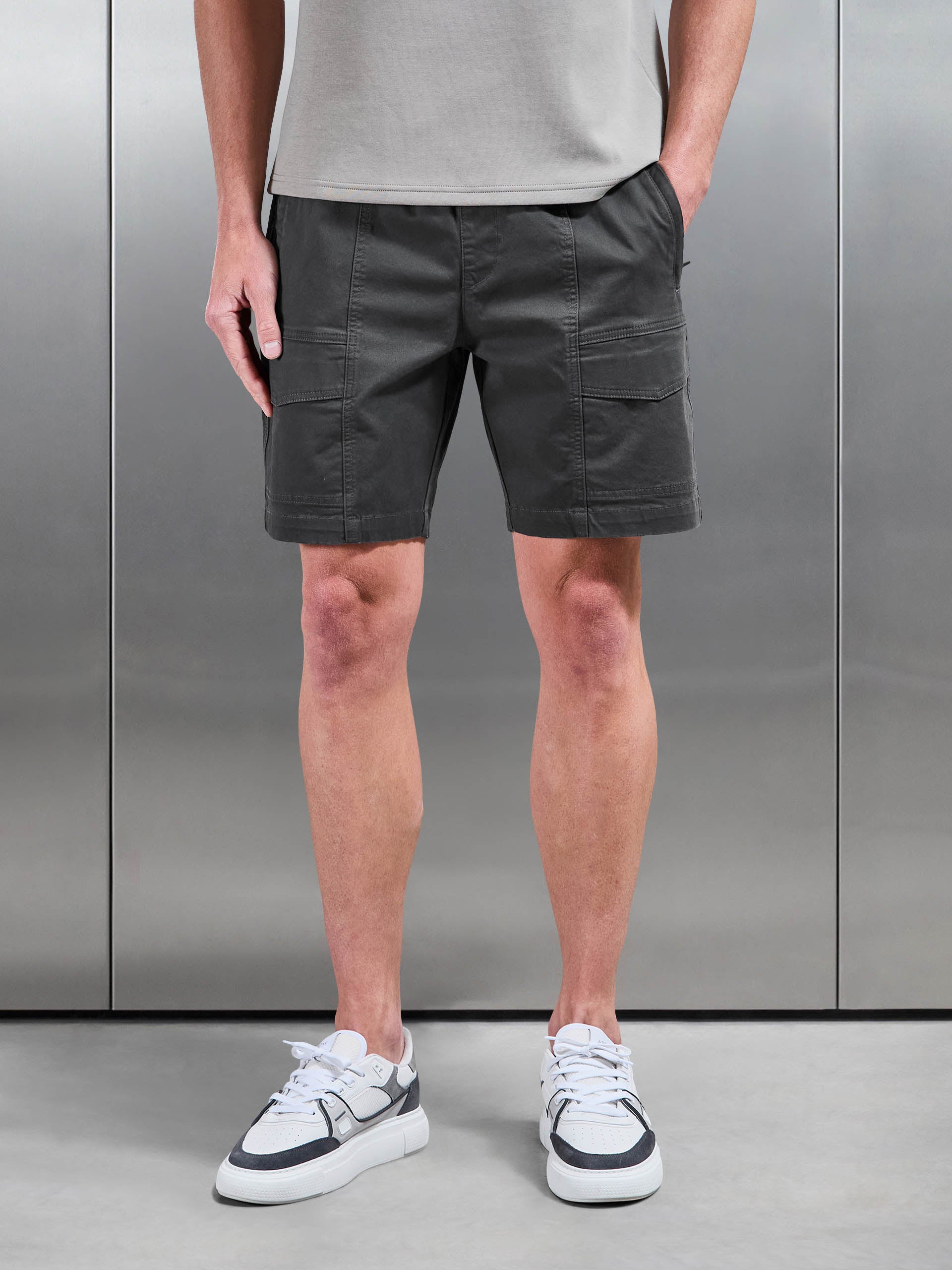 Mens Front Stitch Cotton Cargo Short in Grey