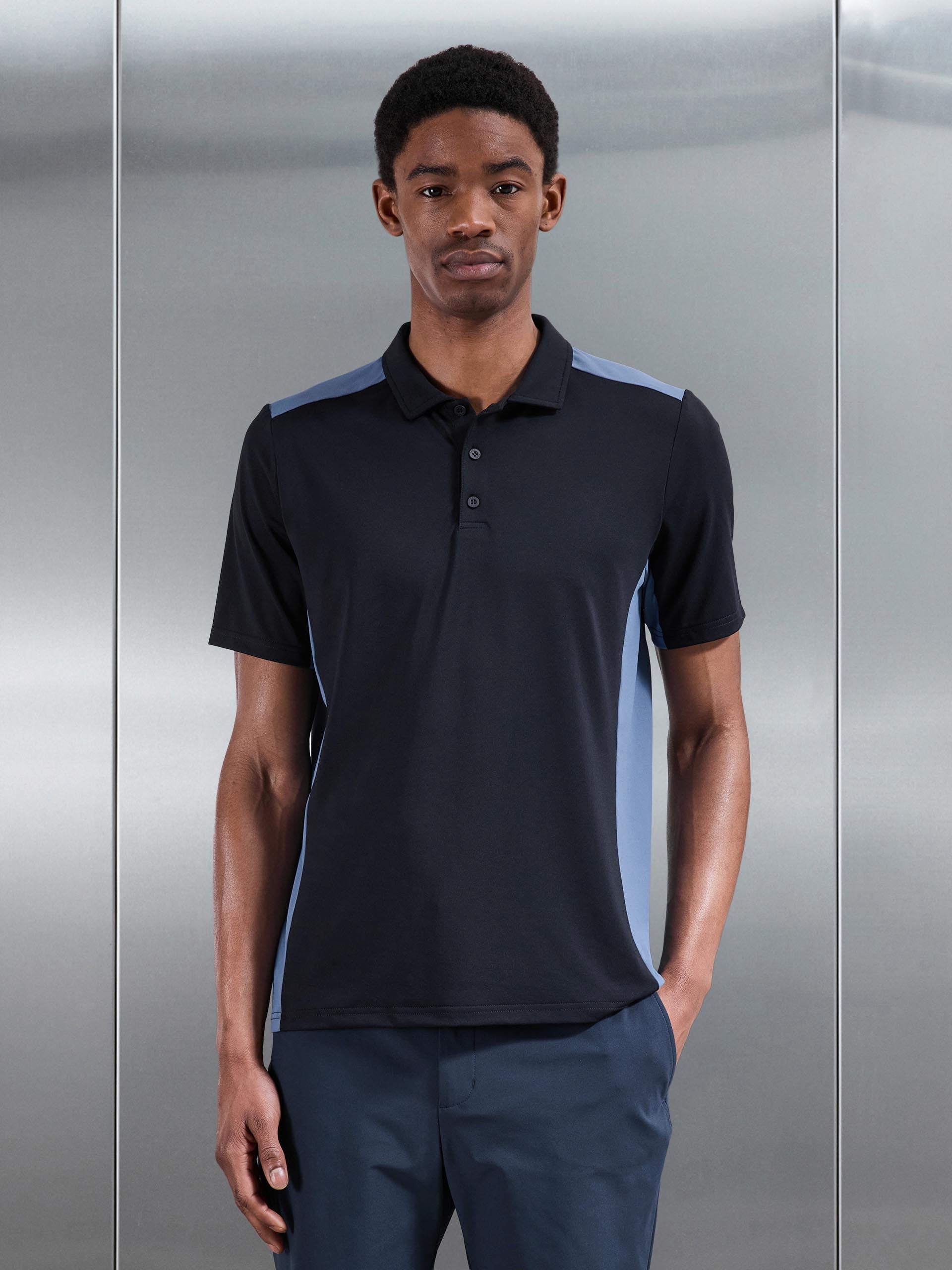 Mens Golf Colour Block Polo Shirt in Navy