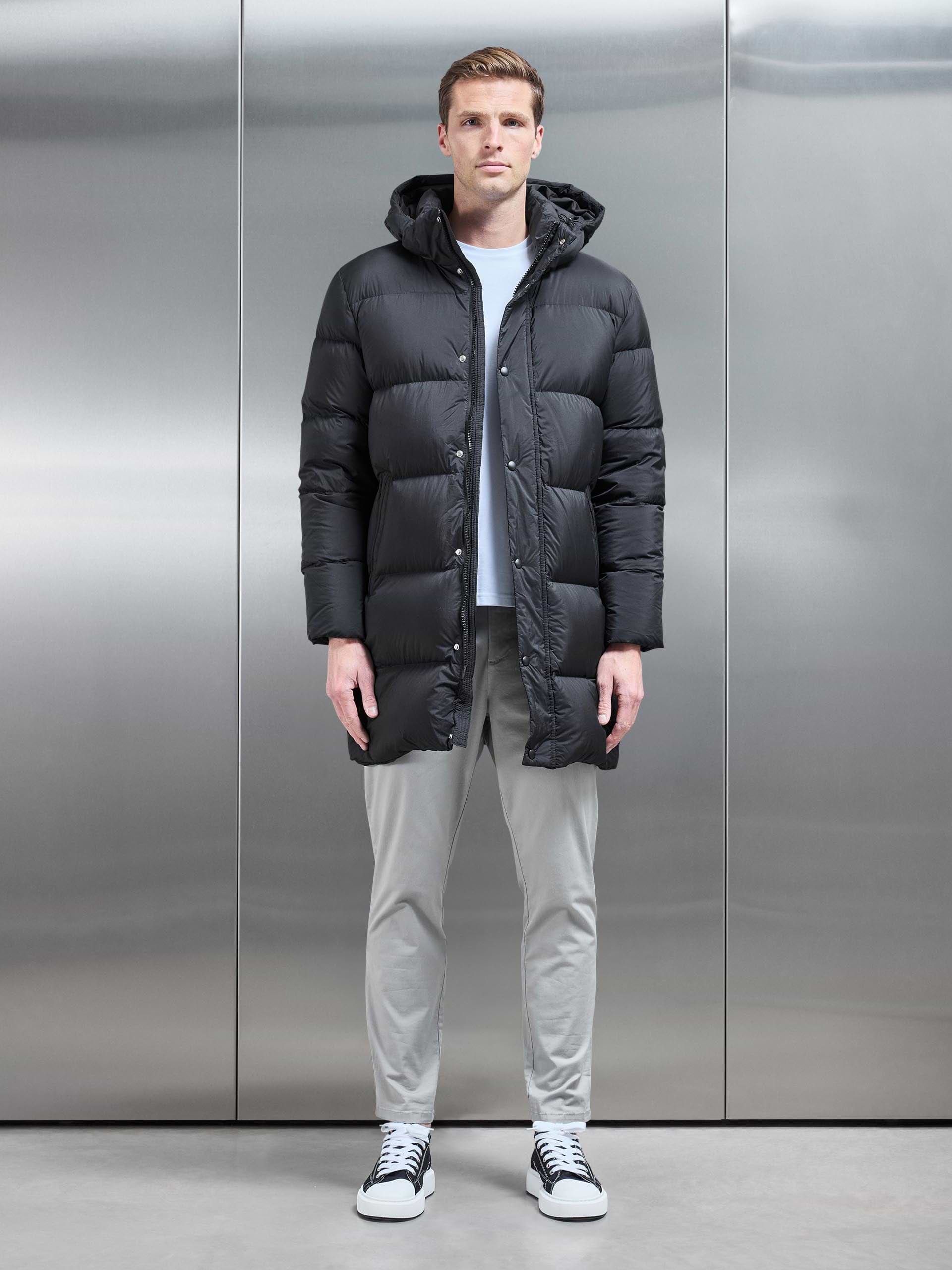 Mens Goose Down Mid Length Jacket in Black
