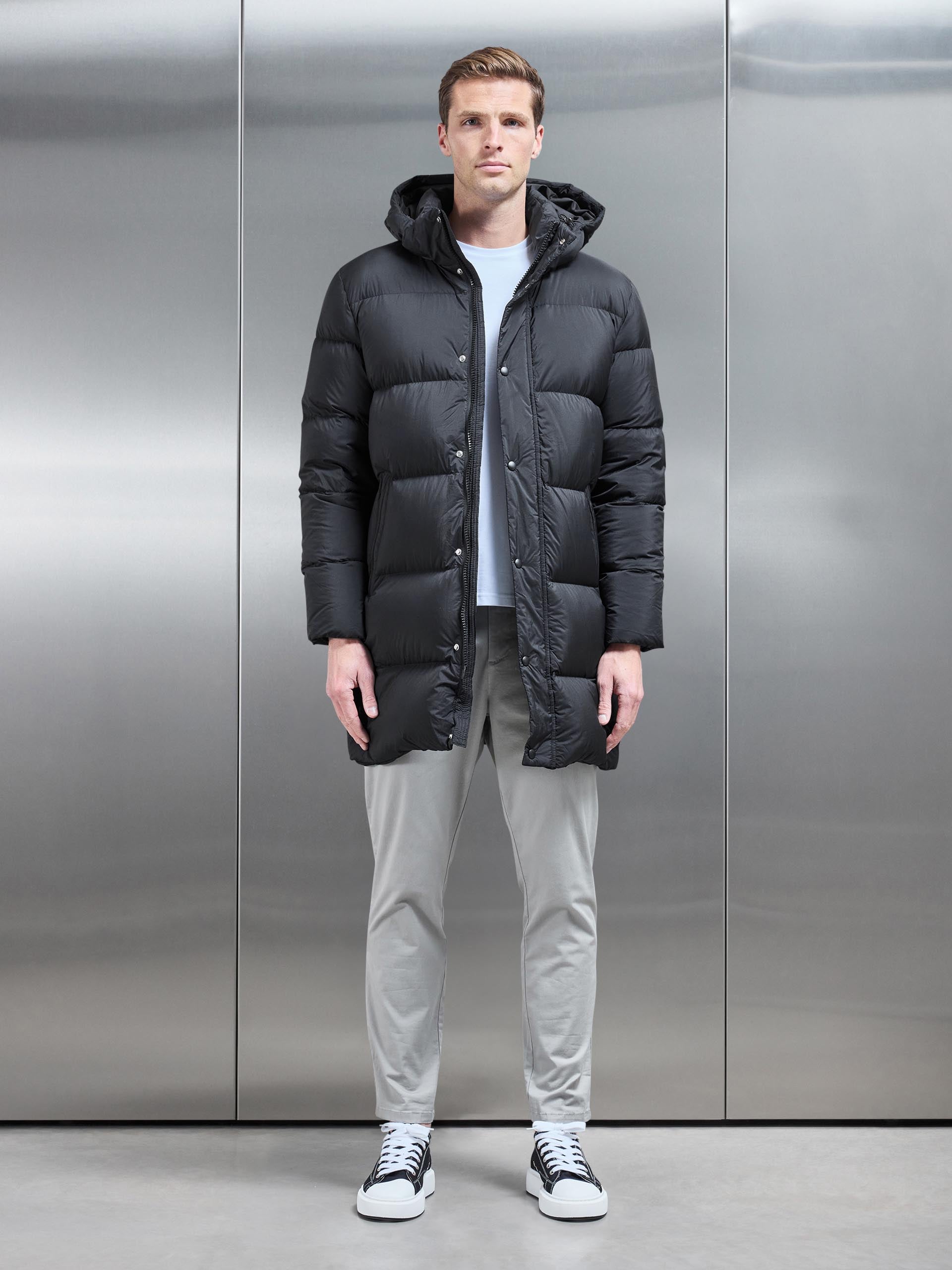 Mens Goose Down Mid Length Jacket in Black