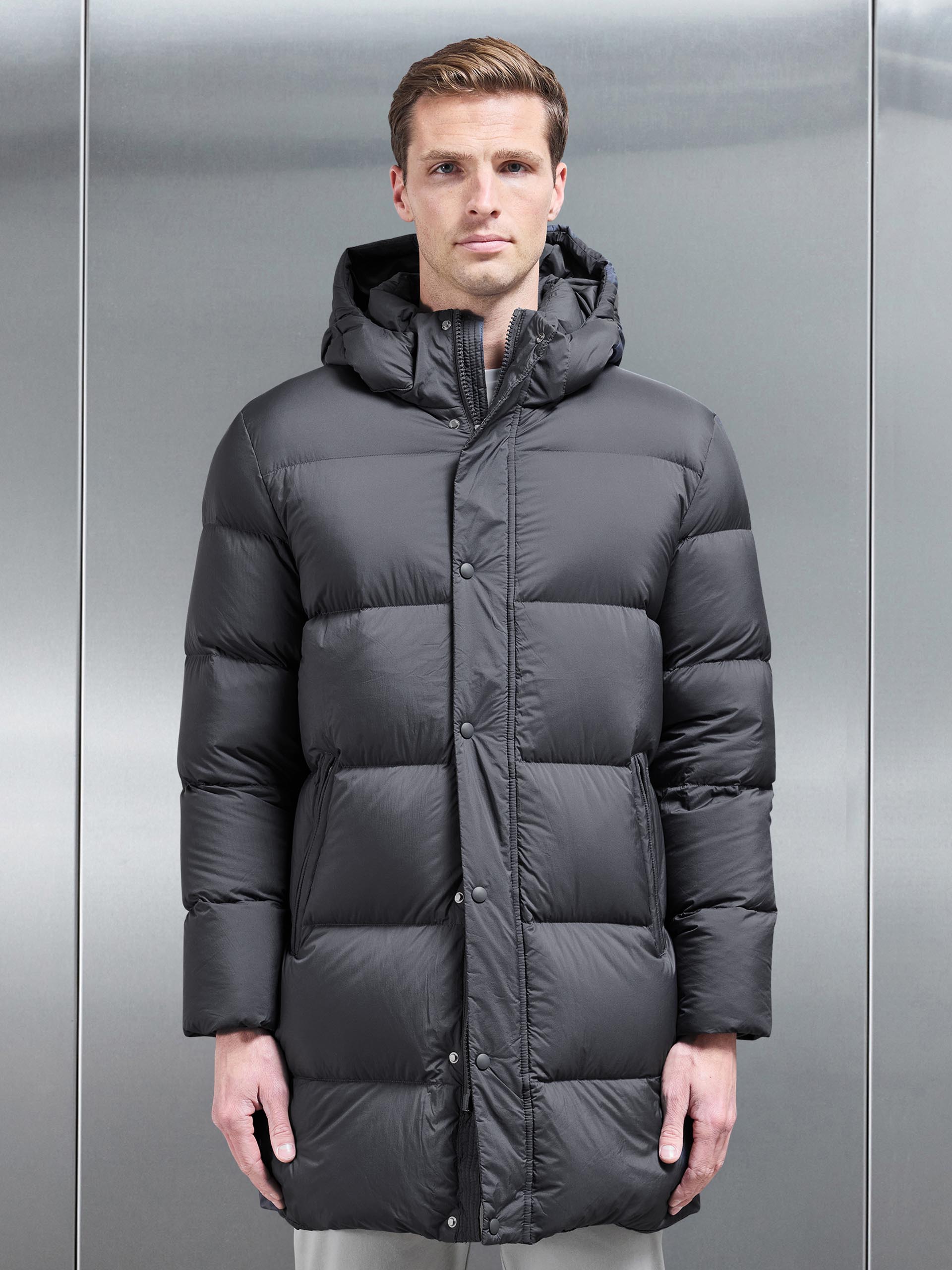 Mens Goose Down Mid Length Jacket in Grey