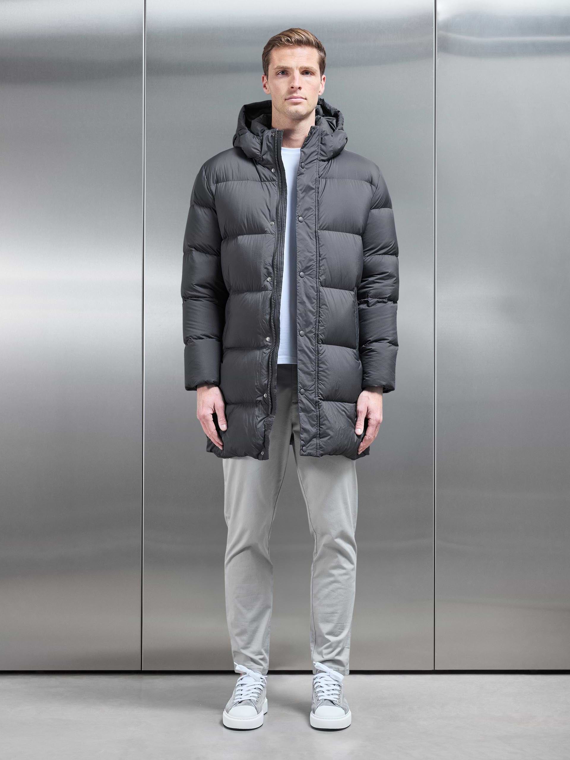 Mens Goose Down Mid Length Jacket in Grey
