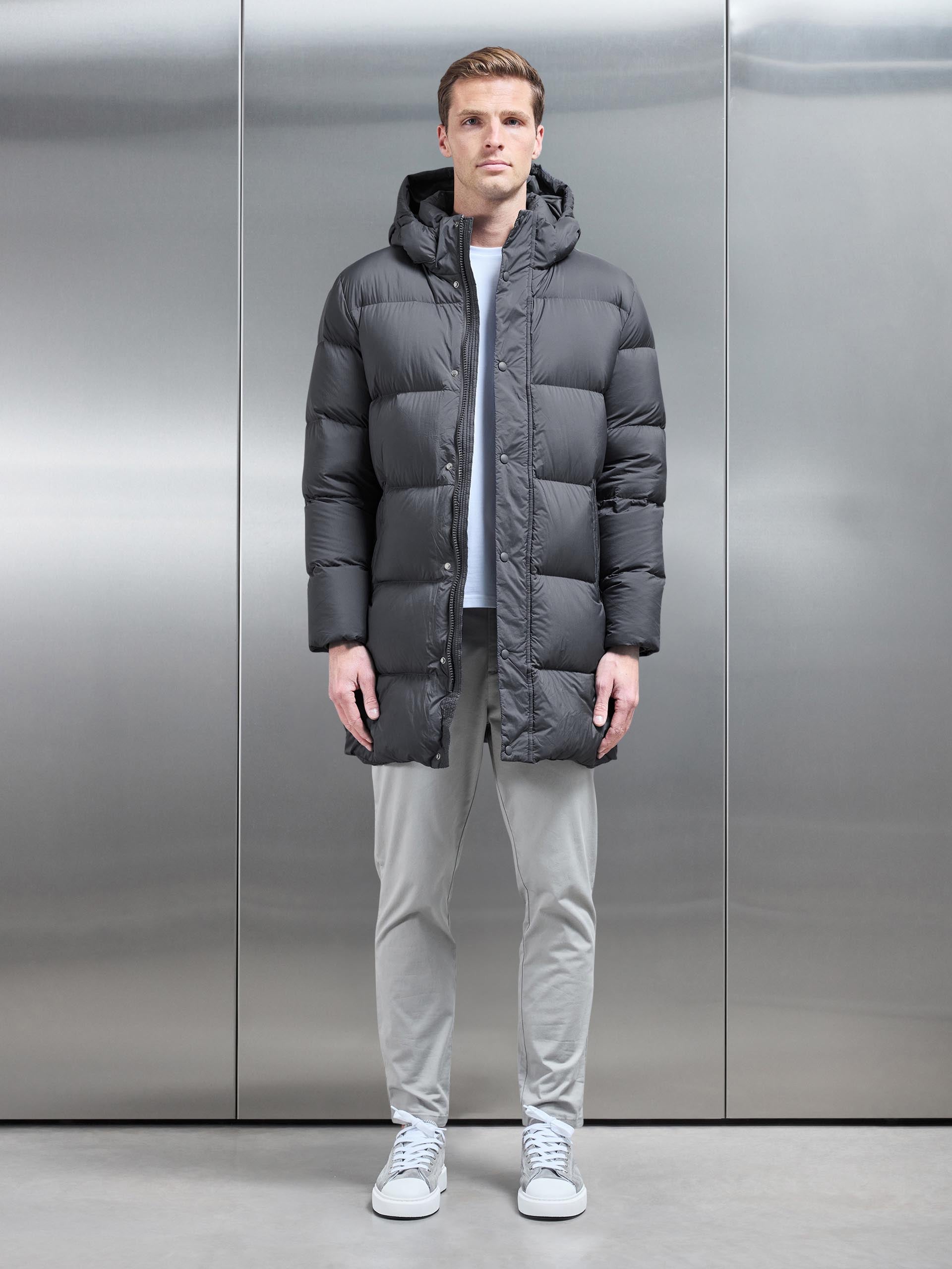 Mens Goose Down Mid Length Jacket in Grey