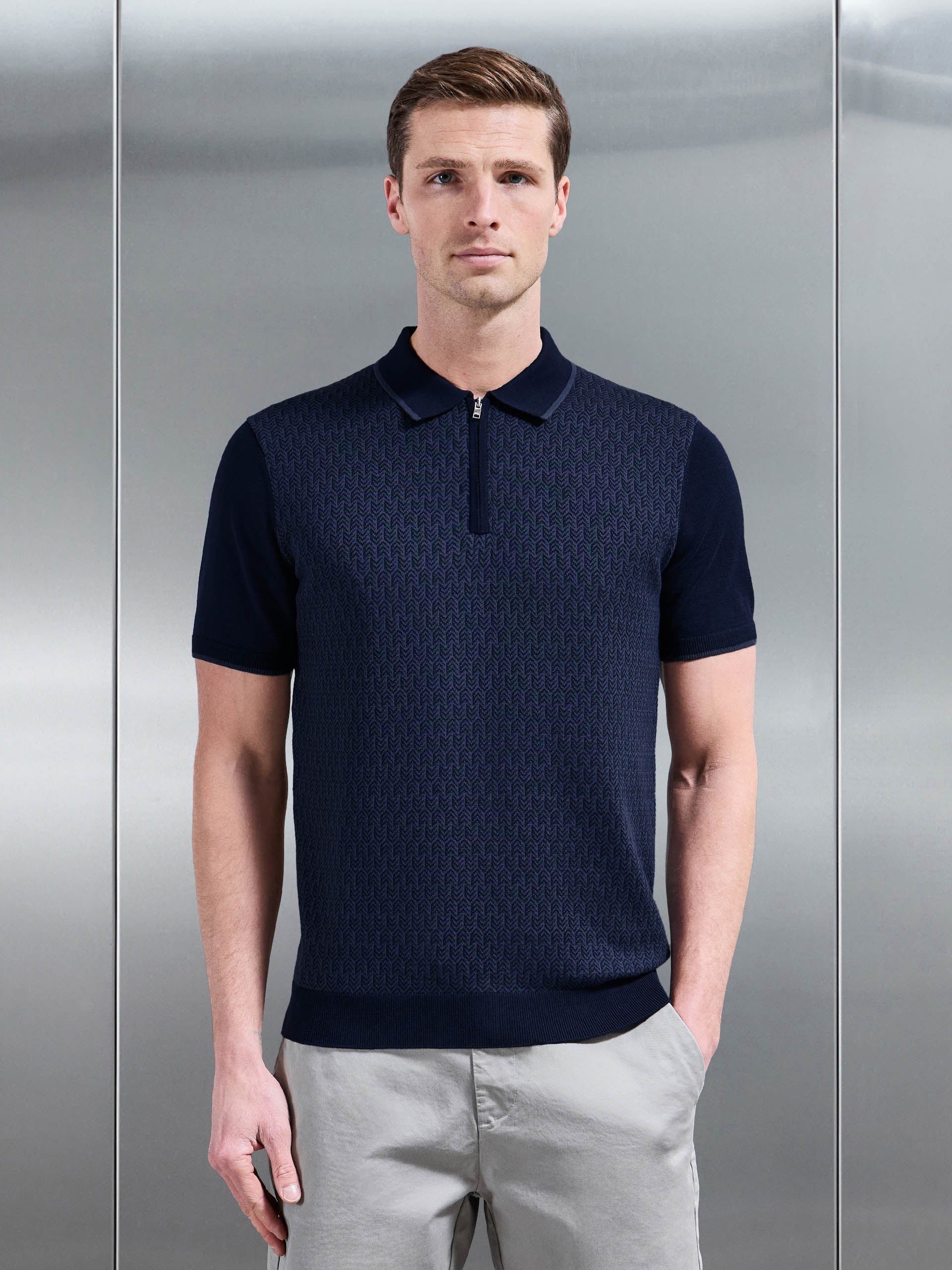 Mens Herringbone Knitted Zip Polo Shirt in Navy