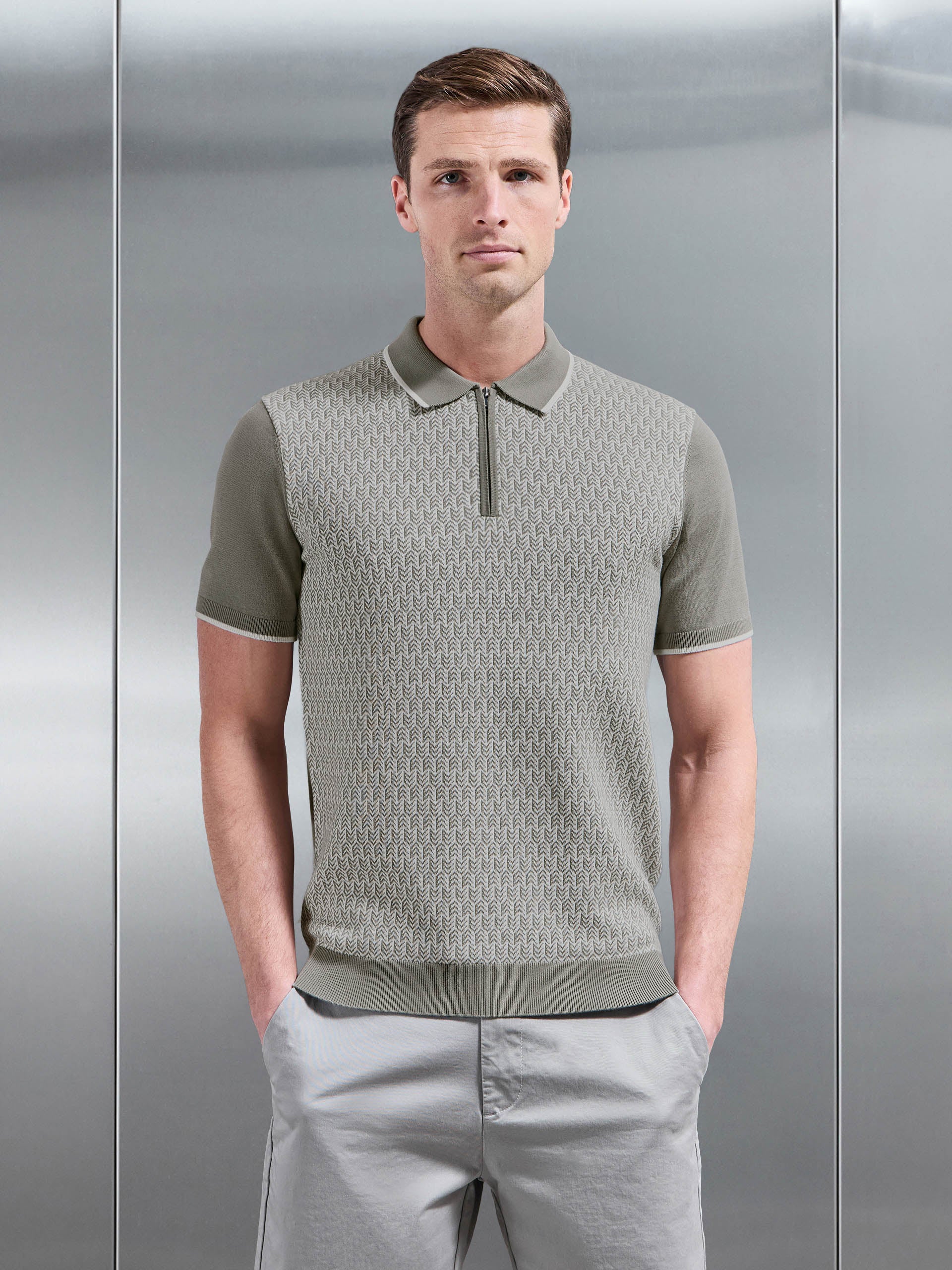 Mens Herringbone Knitted Zip Polo Shirt in Sage