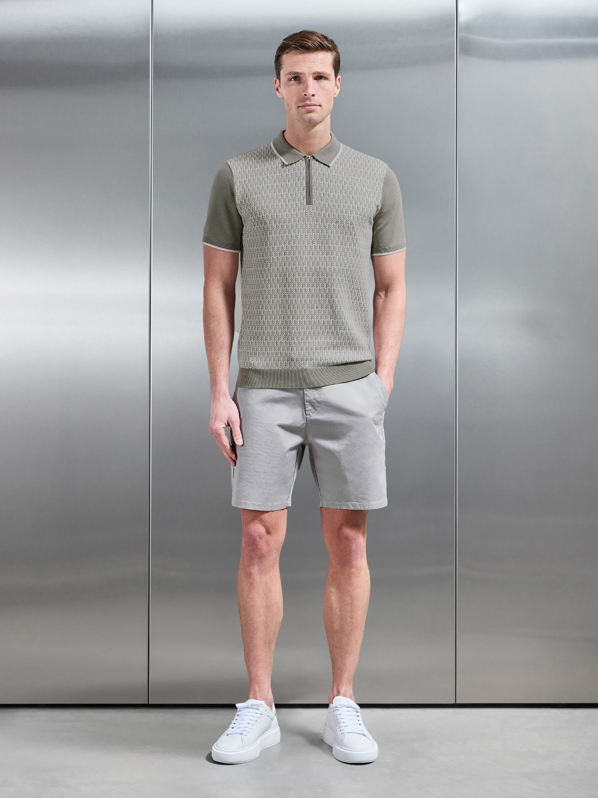 Mens Herringbone Knitted Zip Polo Shirt in Sage