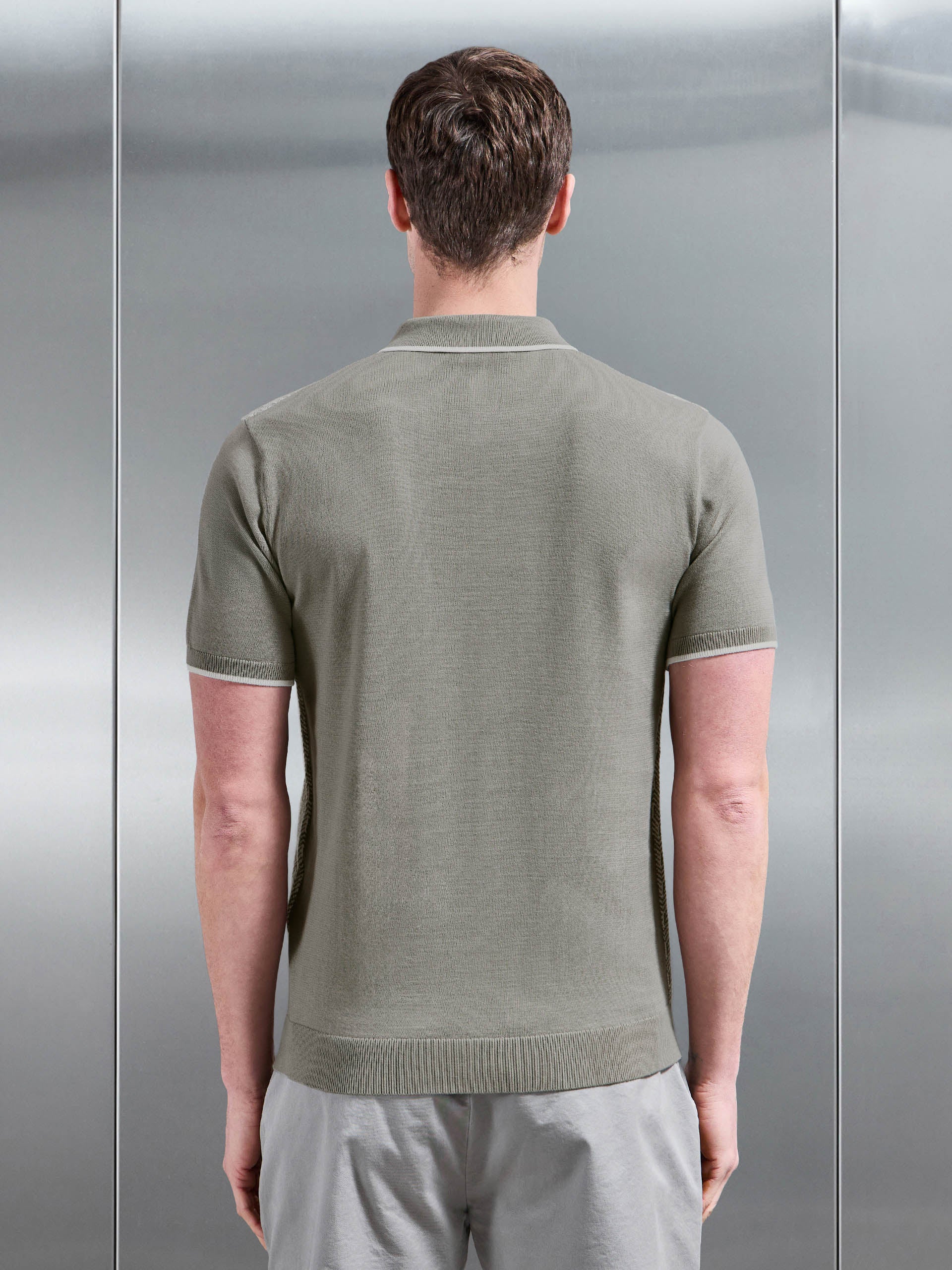 Mens Herringbone Knitted Zip Polo Shirt in Sage