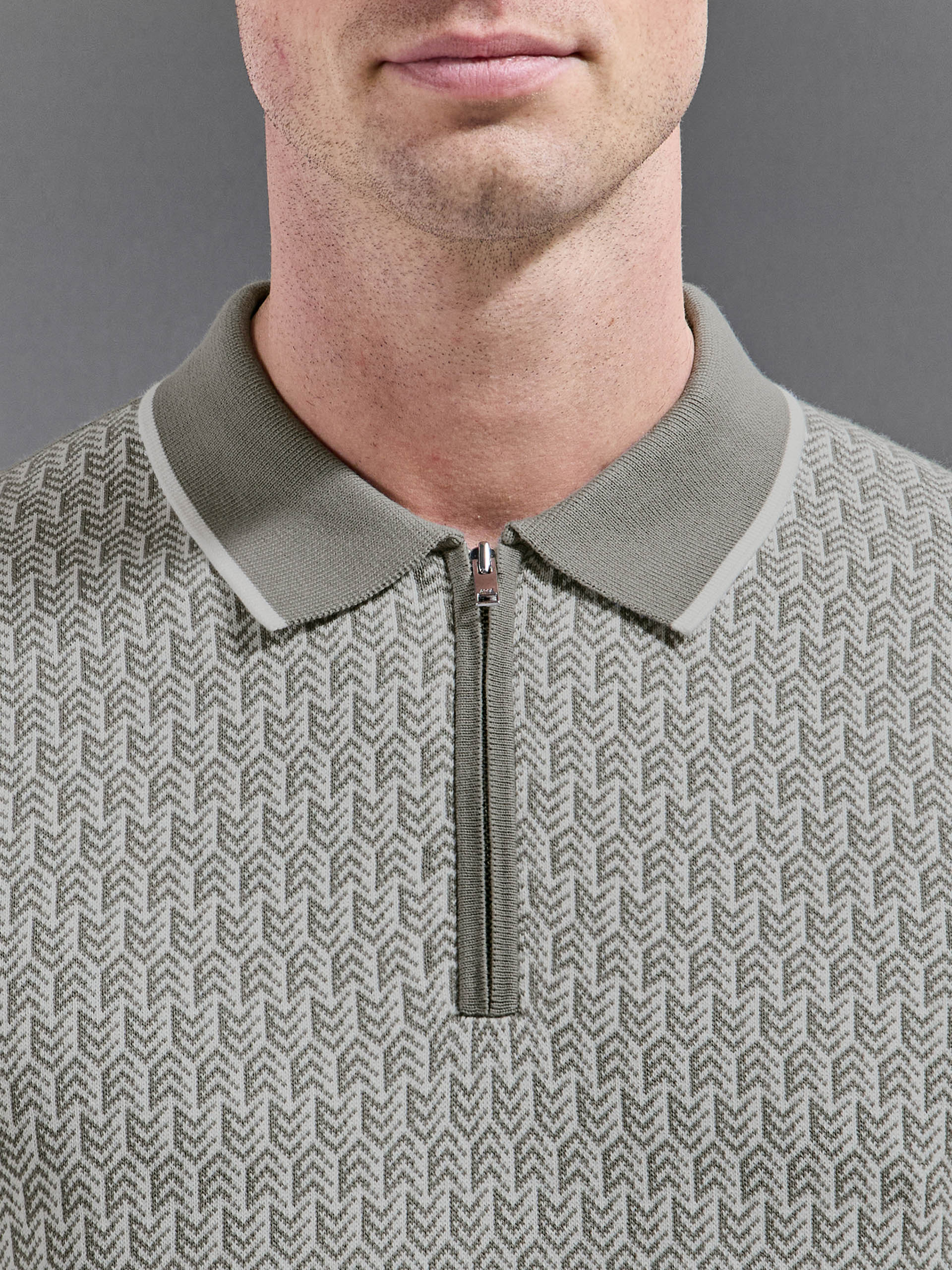 Mens Herringbone Knitted Zip Polo Shirt in Sage