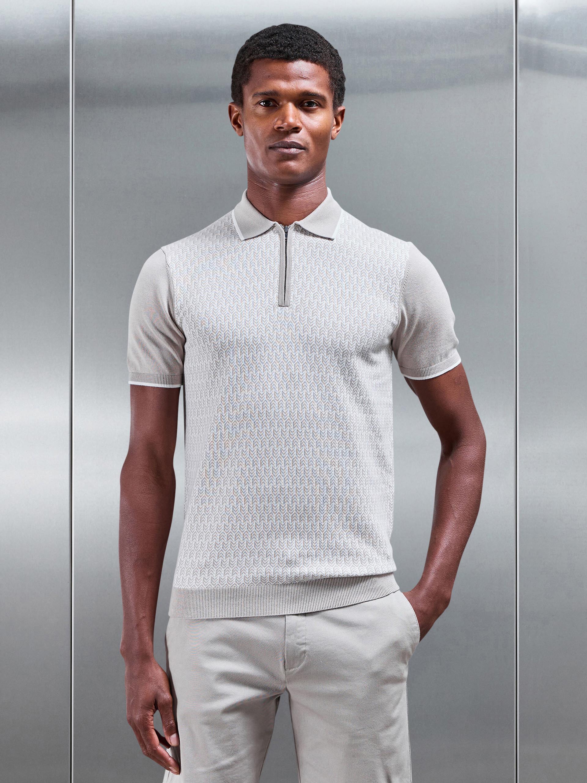 Mens Herringbone Knitted Zip Polo Shirt in Stone