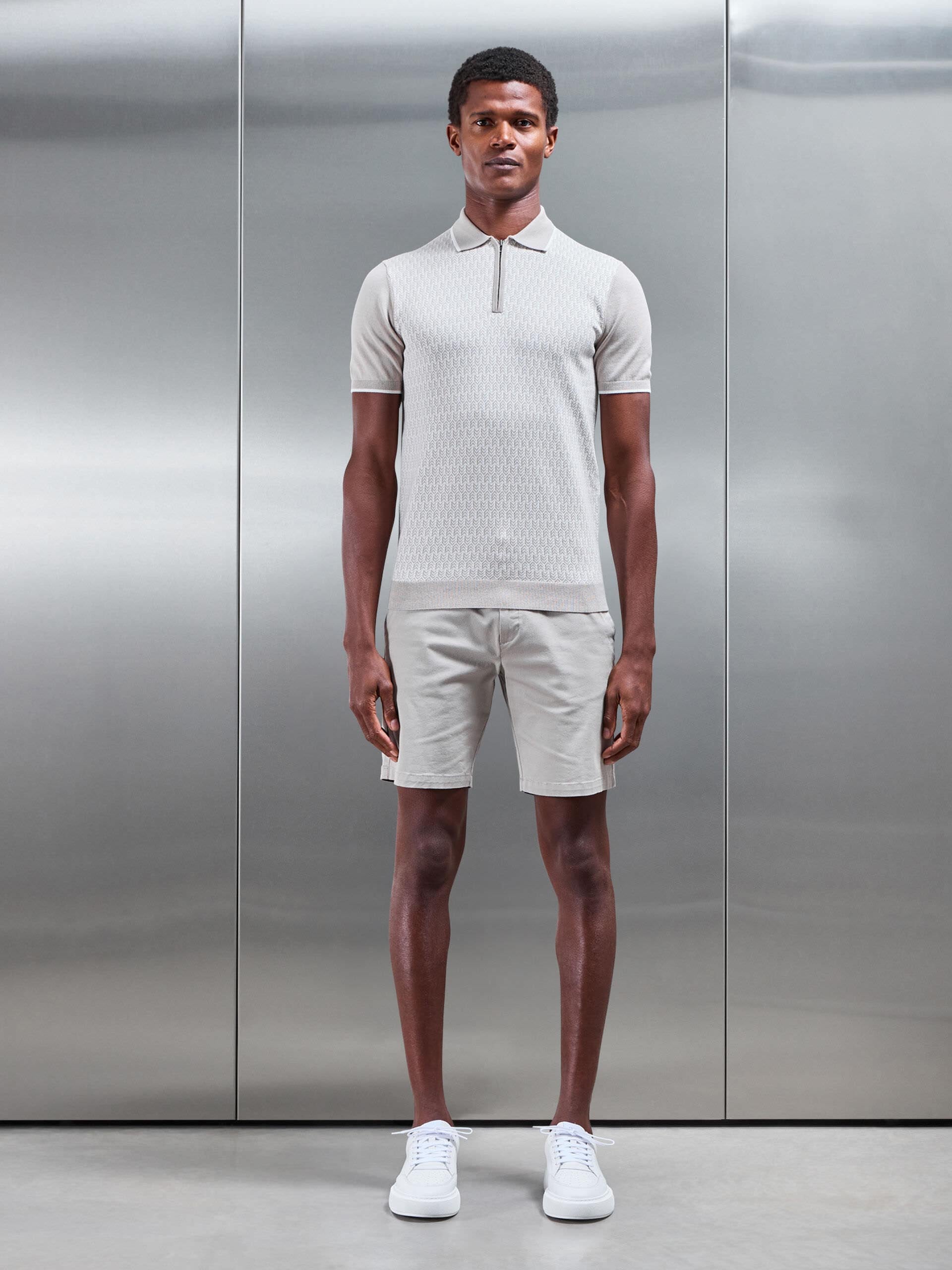 Mens Herringbone Knitted Zip Polo Shirt in Stone