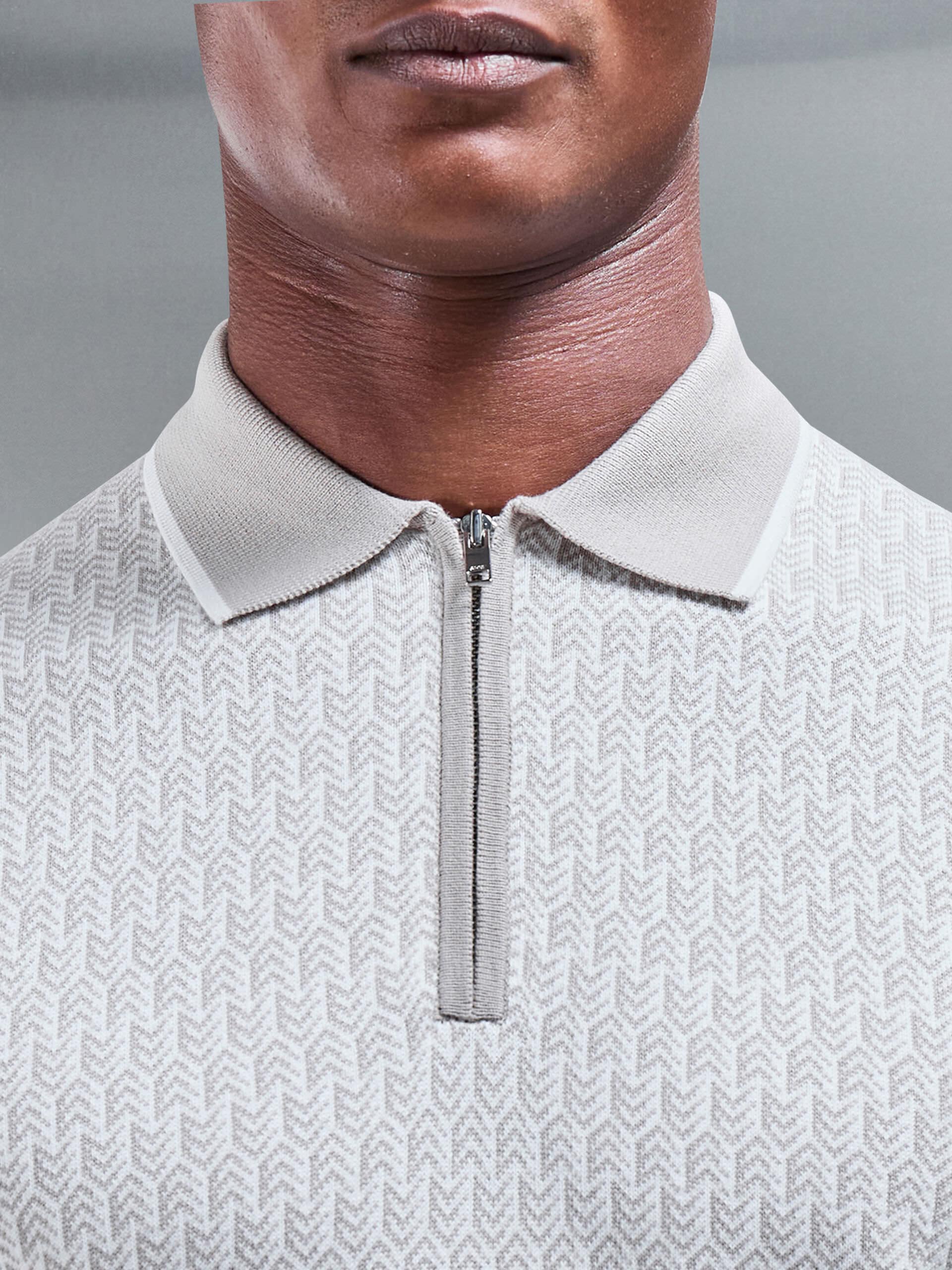 Mens Herringbone Knitted Zip Polo Shirt in Stone