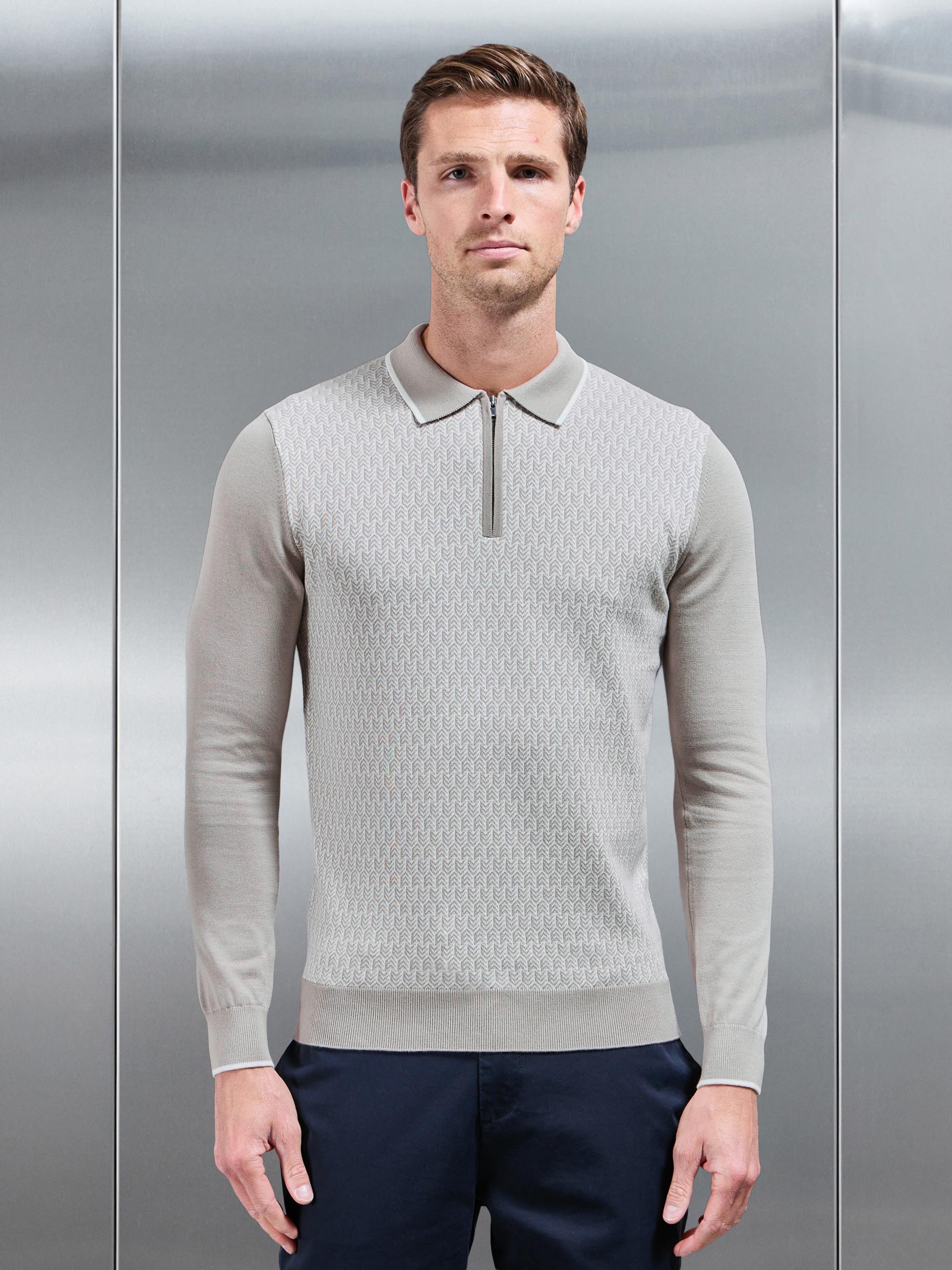 Mens Herringbone Long Sleeve Zip Polo Shirt in Stone