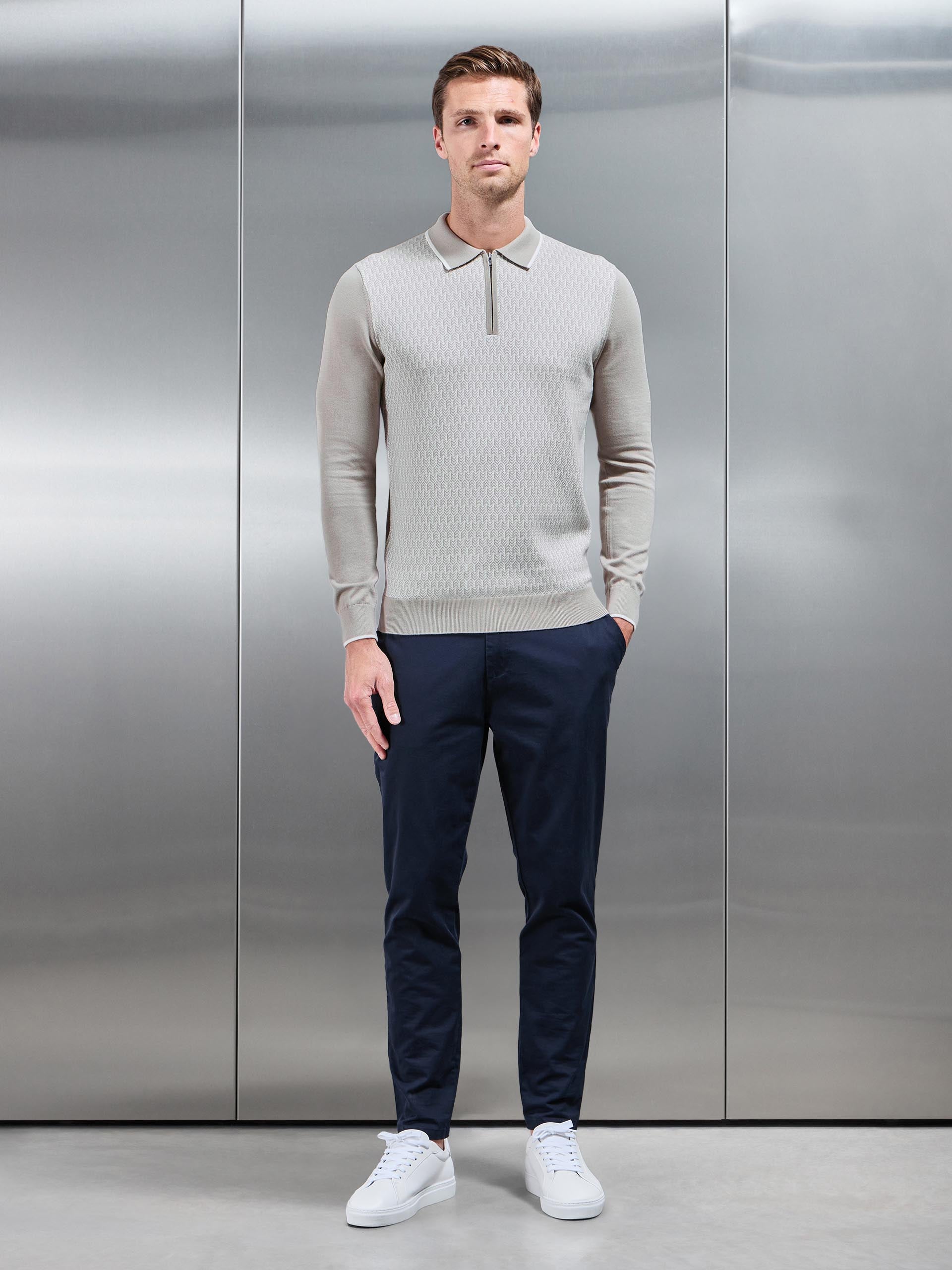Mens Herringbone Long Sleeve Zip Polo Shirt in Stone