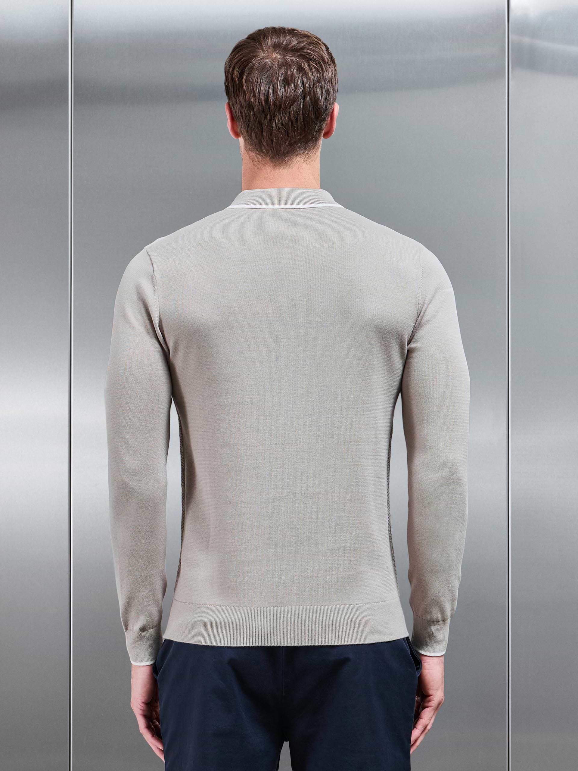 Herringbone Long Sleeve Zip Polo Shirt in Stone