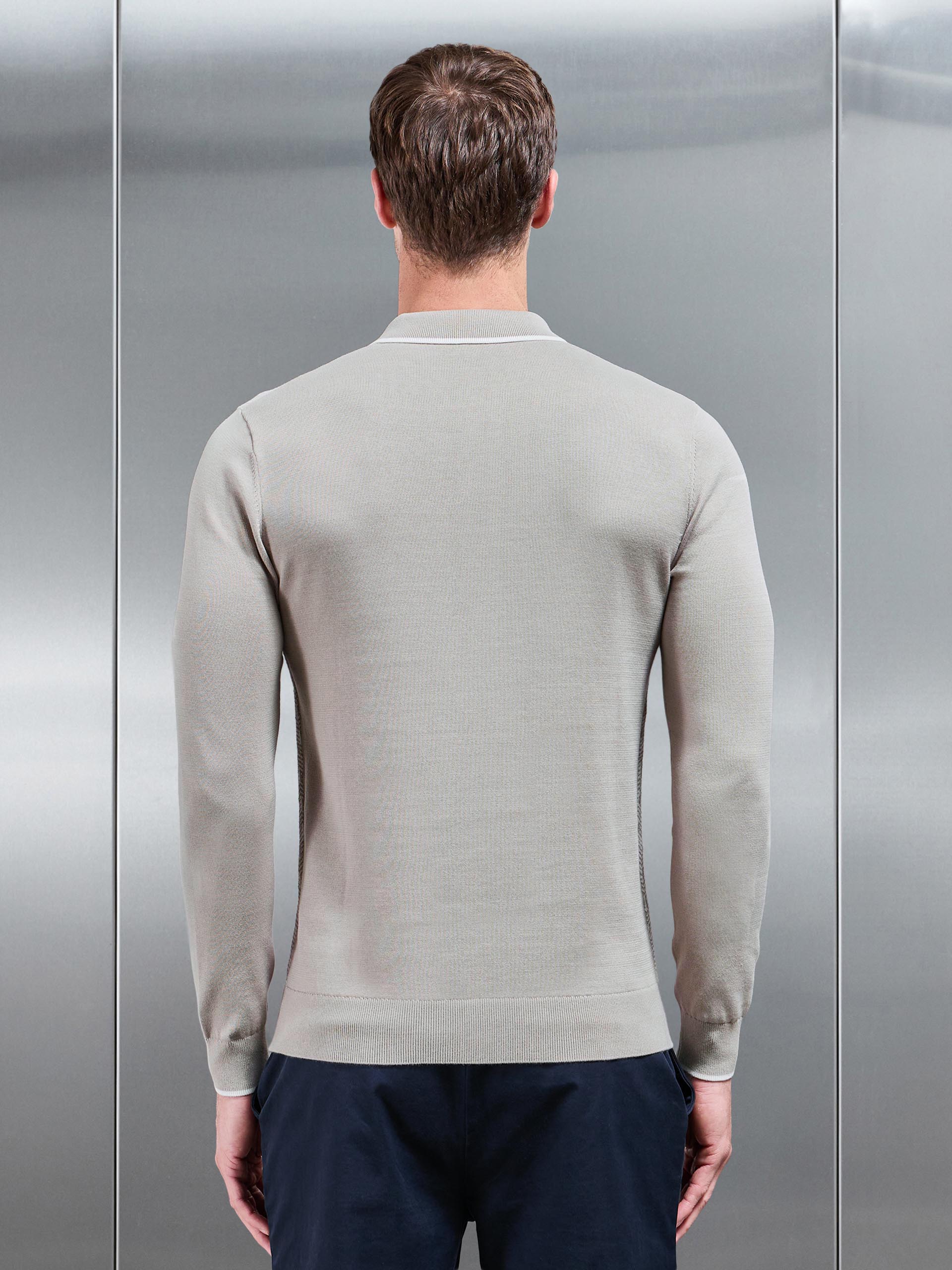 Mens Herringbone Long Sleeve Zip Polo Shirt in Stone