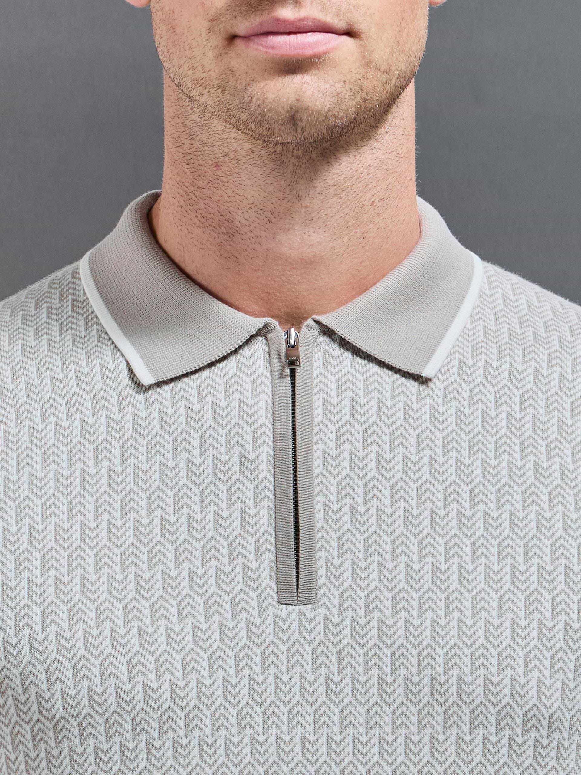 Herringbone Long Sleeve Zip Polo Shirt in Stone