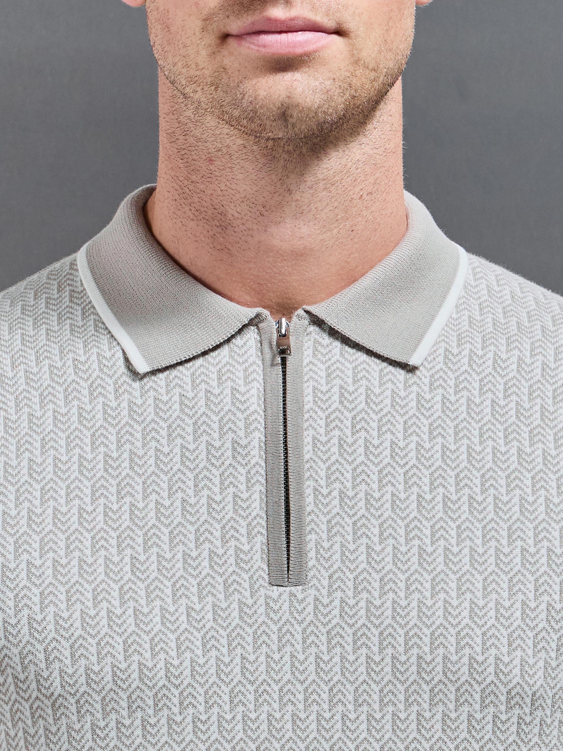 Mens Herringbone Long Sleeve Zip Polo Shirt in Stone