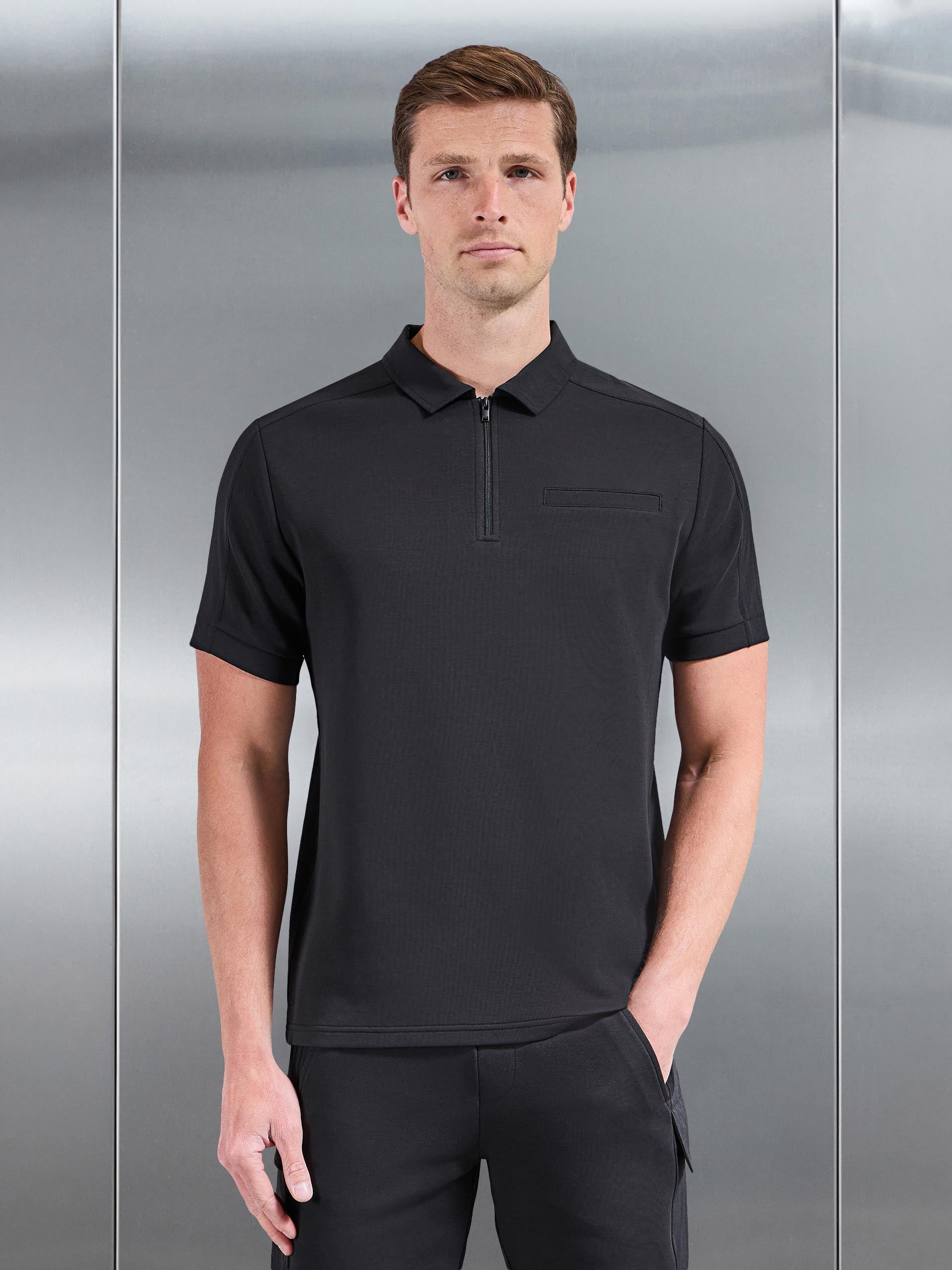 Mens Hybrid Cargo Zip Polo Shirt in Black